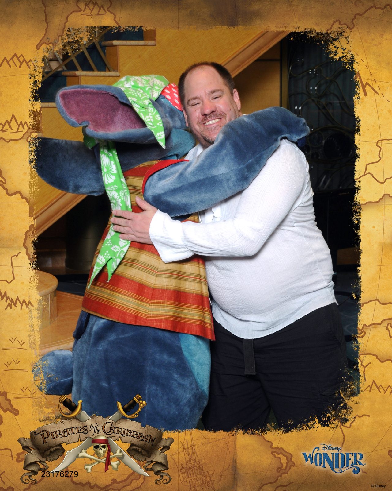 Michael hugging Stitch in pirate garb on Pirate Night