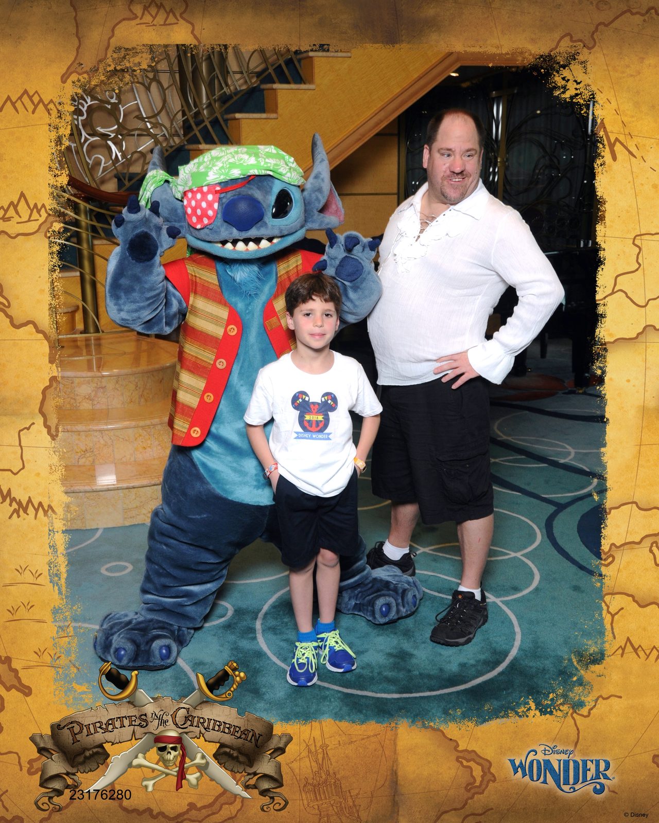 Stitch in pirate garb, Thomas and Michael on Pirate Night