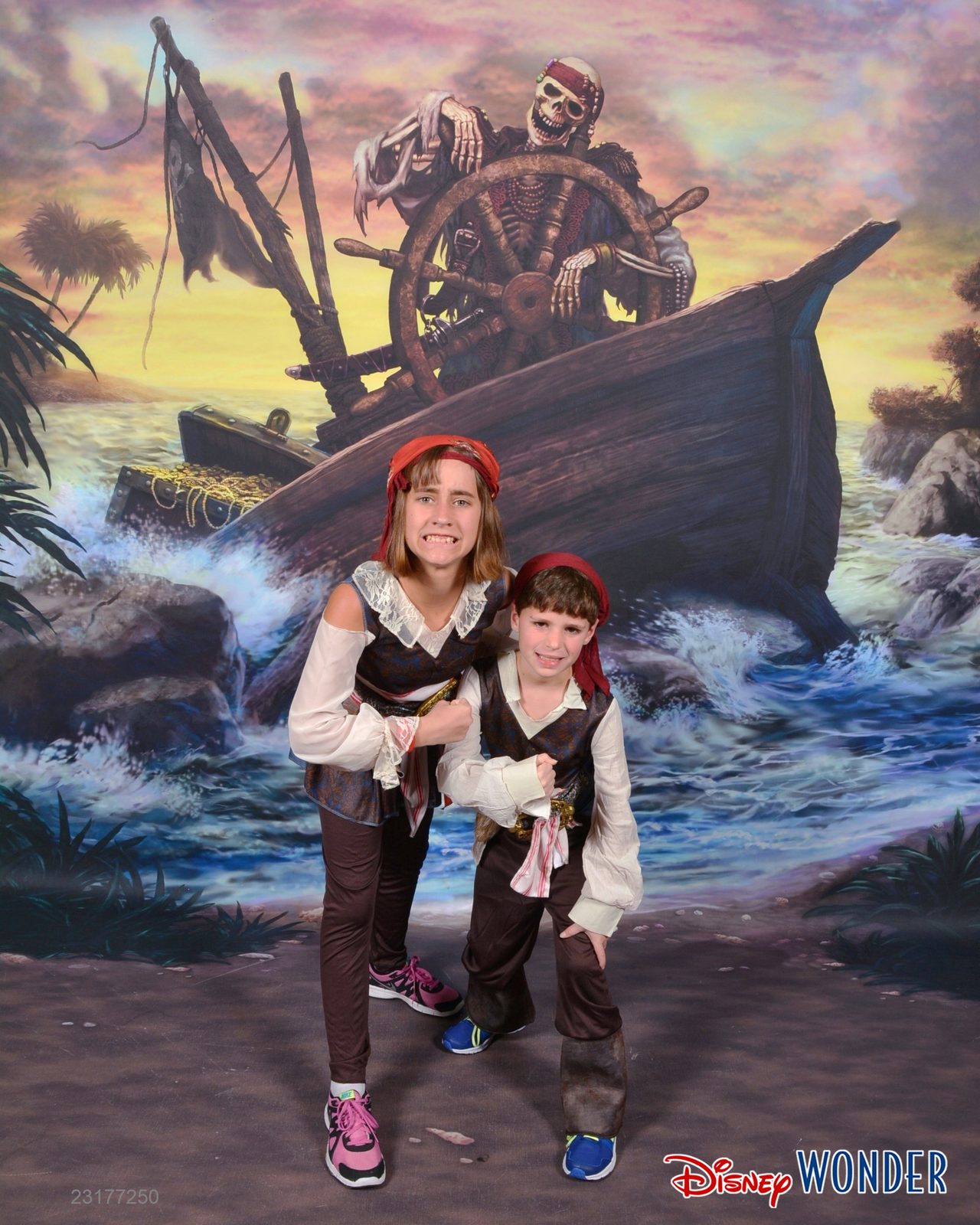 Lisa and Thomas at the shipwreck backdrop on Pirate Night