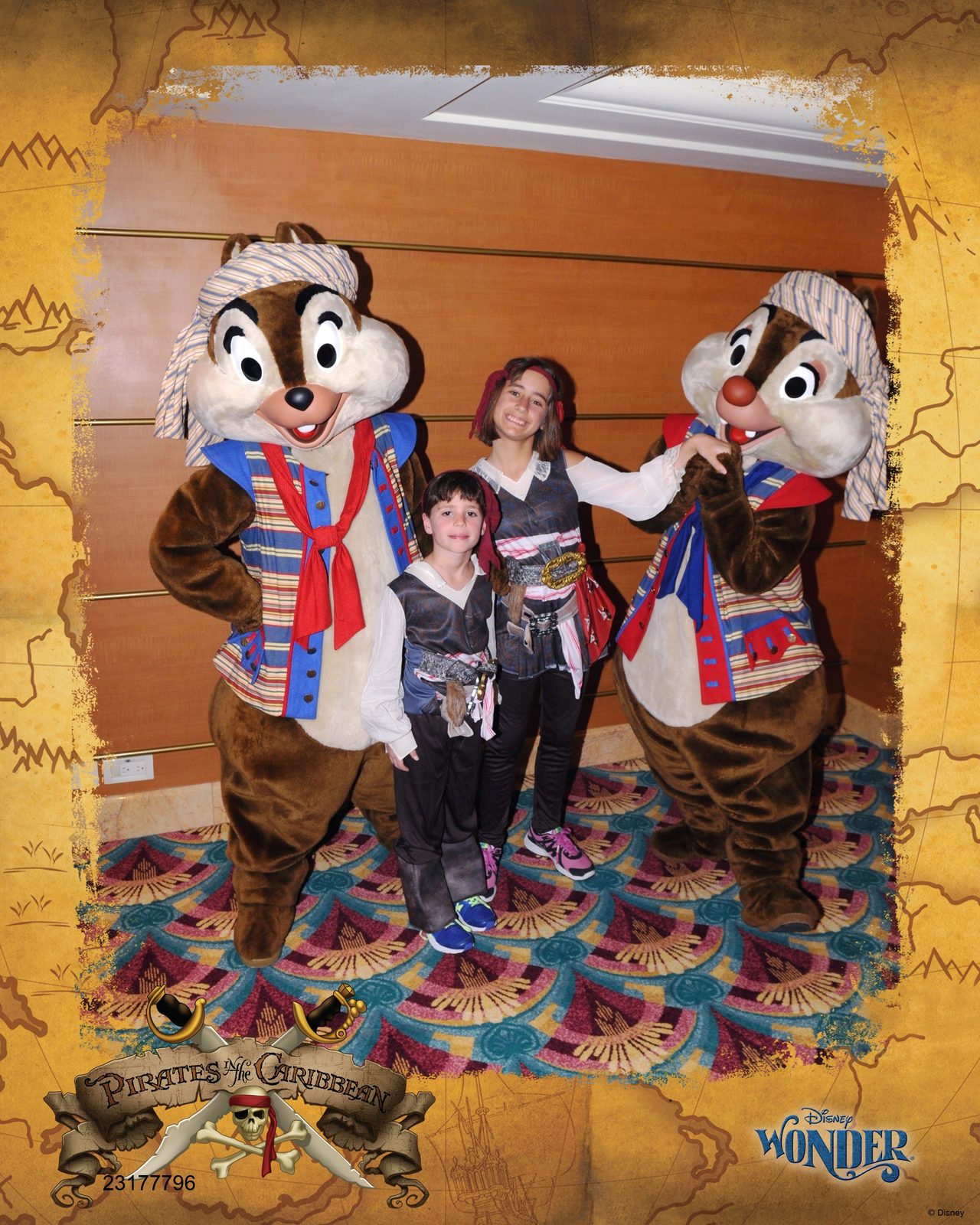 Chip and Dale in pirate garb with Thomas and Lisa on Pirate Night