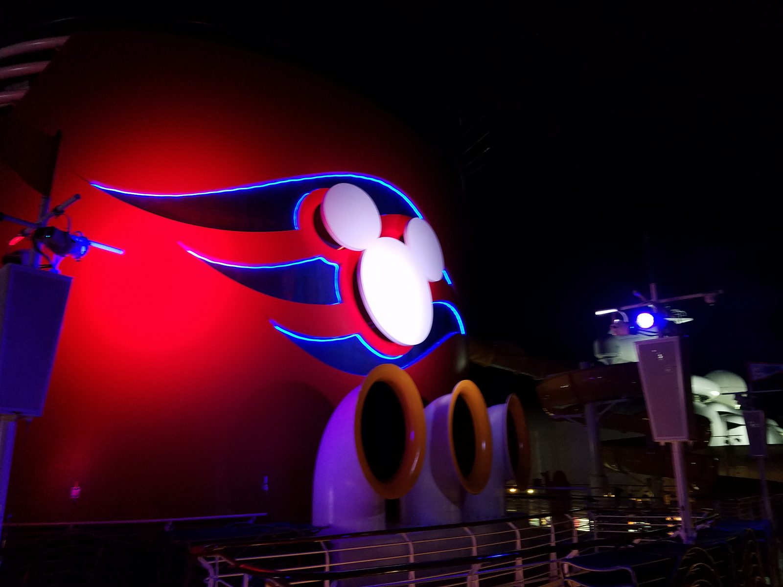 The ship's funnel lit up after dark