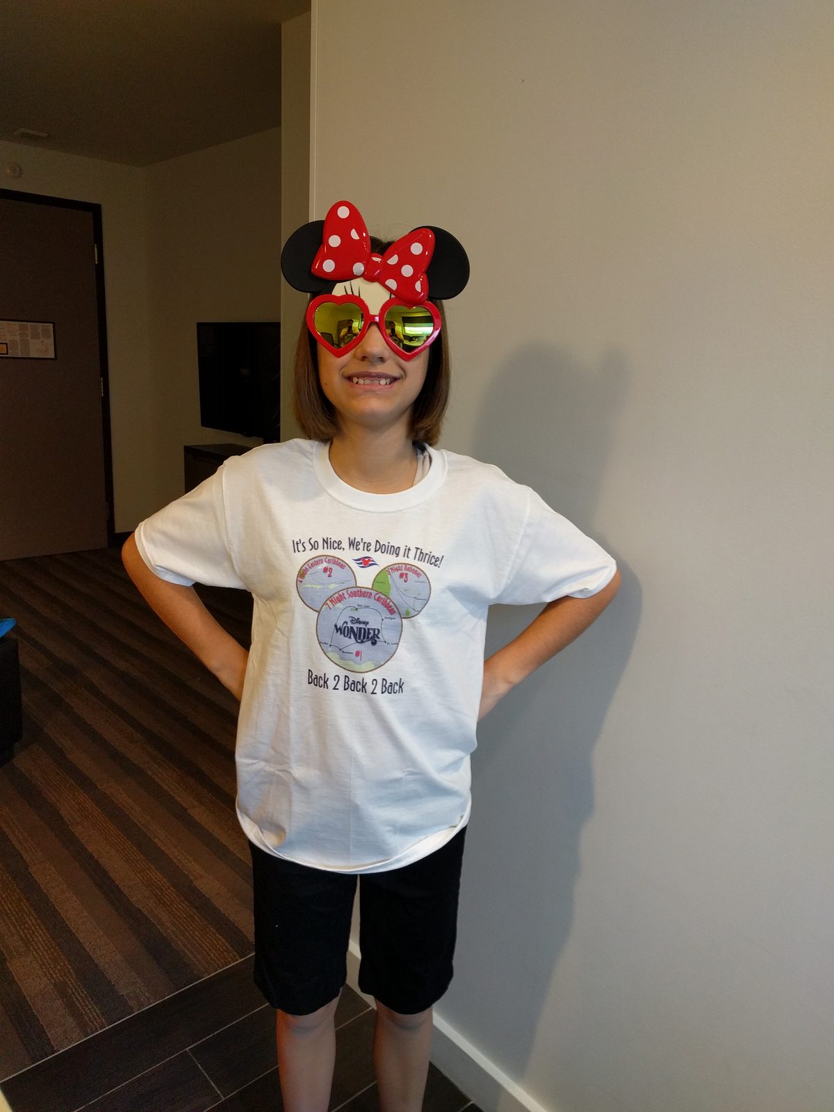 Lisa in her embarkation shirt at the San Juan hotel