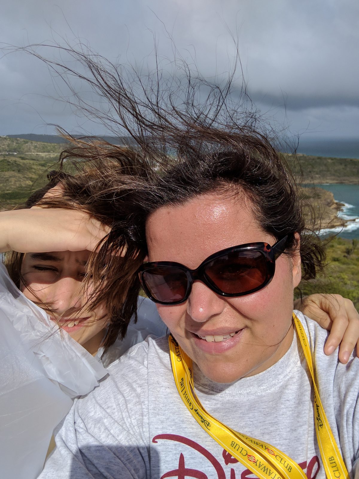 Kathy and Lisa on a very windy Shirley Heights