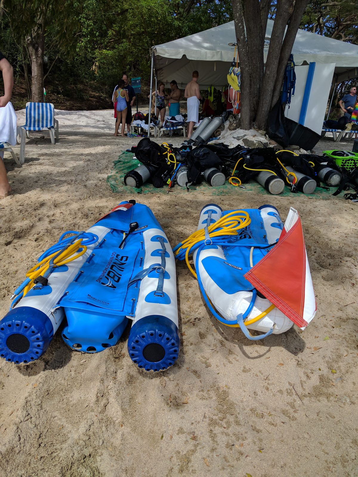 Snuba gear lined up on the beach