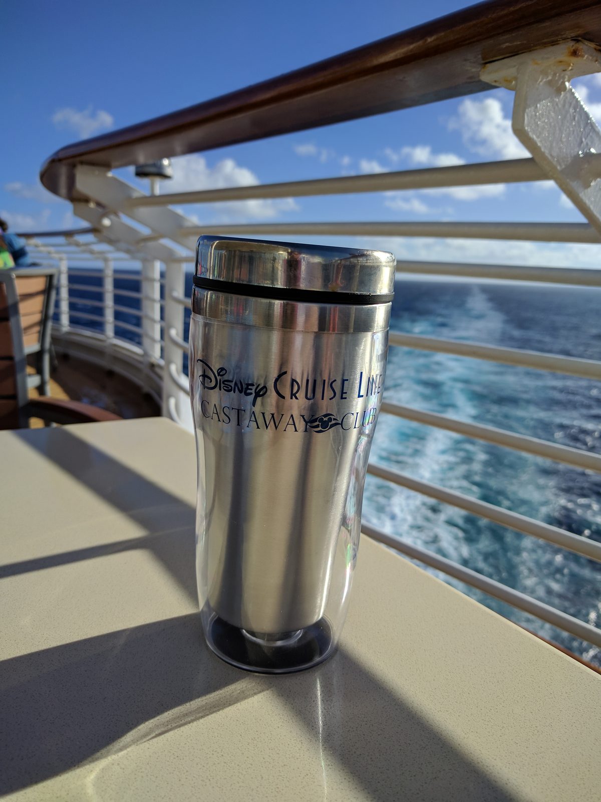 Our travel mug on the rail above the ship's wake