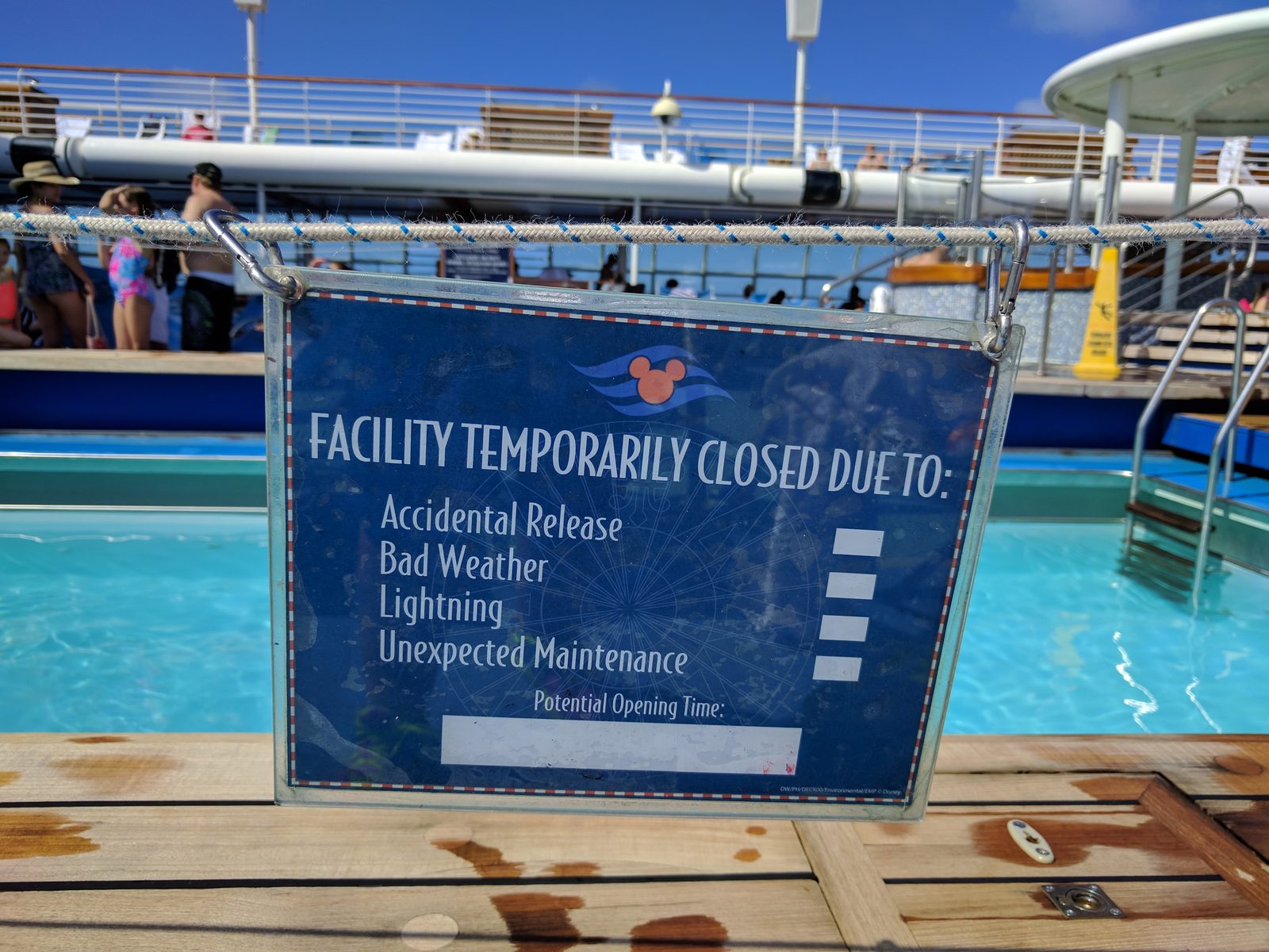 Pool closed, Accidental Release, sign on the pool deck