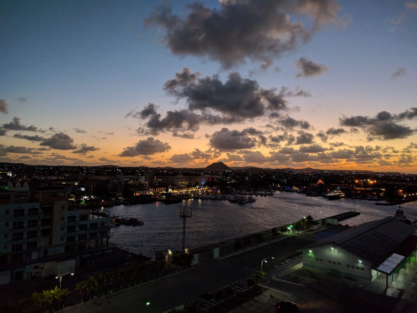 Sunrise over Oranjestad harbor from the Wonder