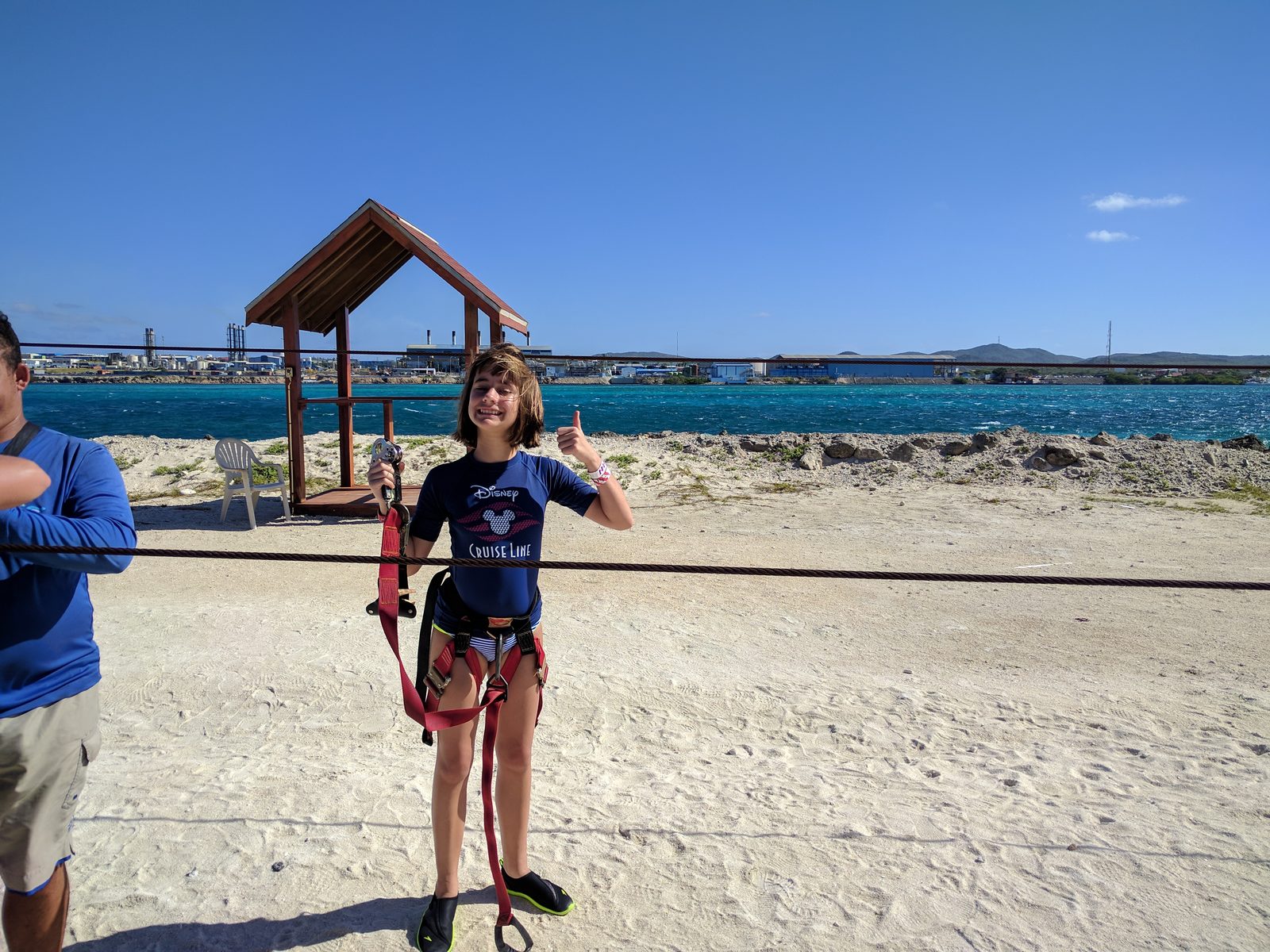 Lisa zip-lining across the beach