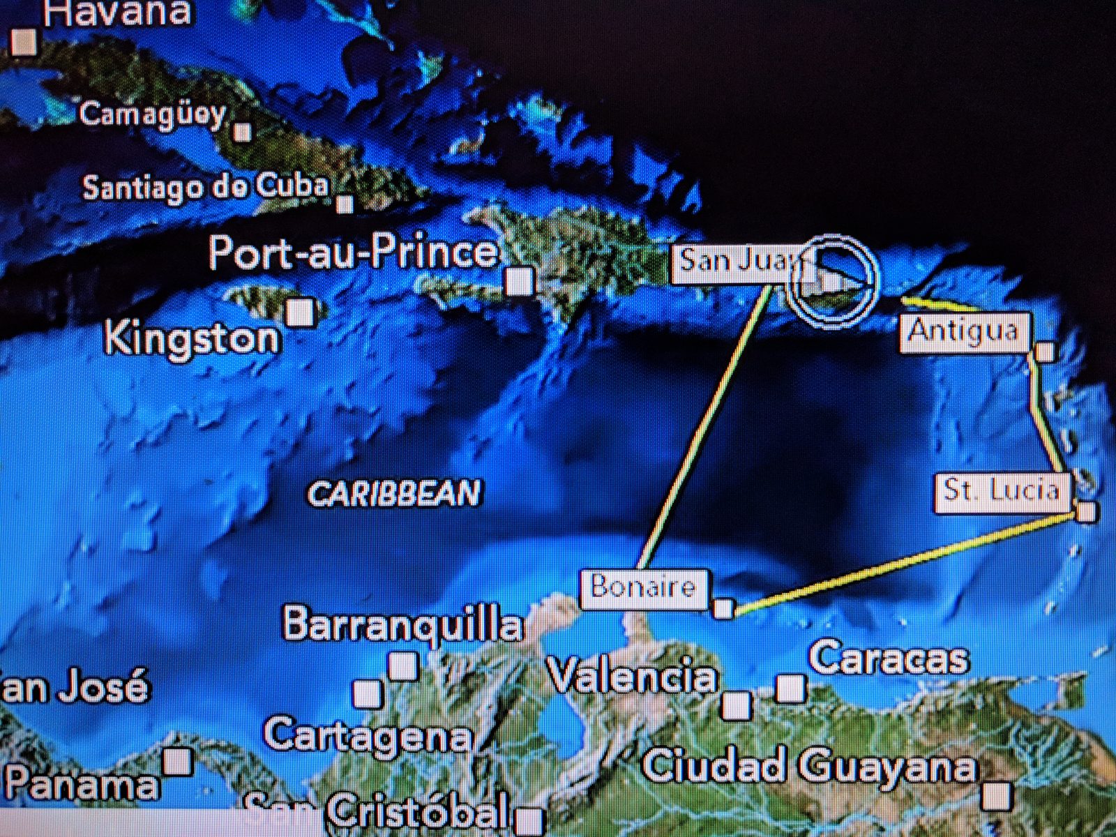 Our route on the Wonder's map, San Juan to Bonaire