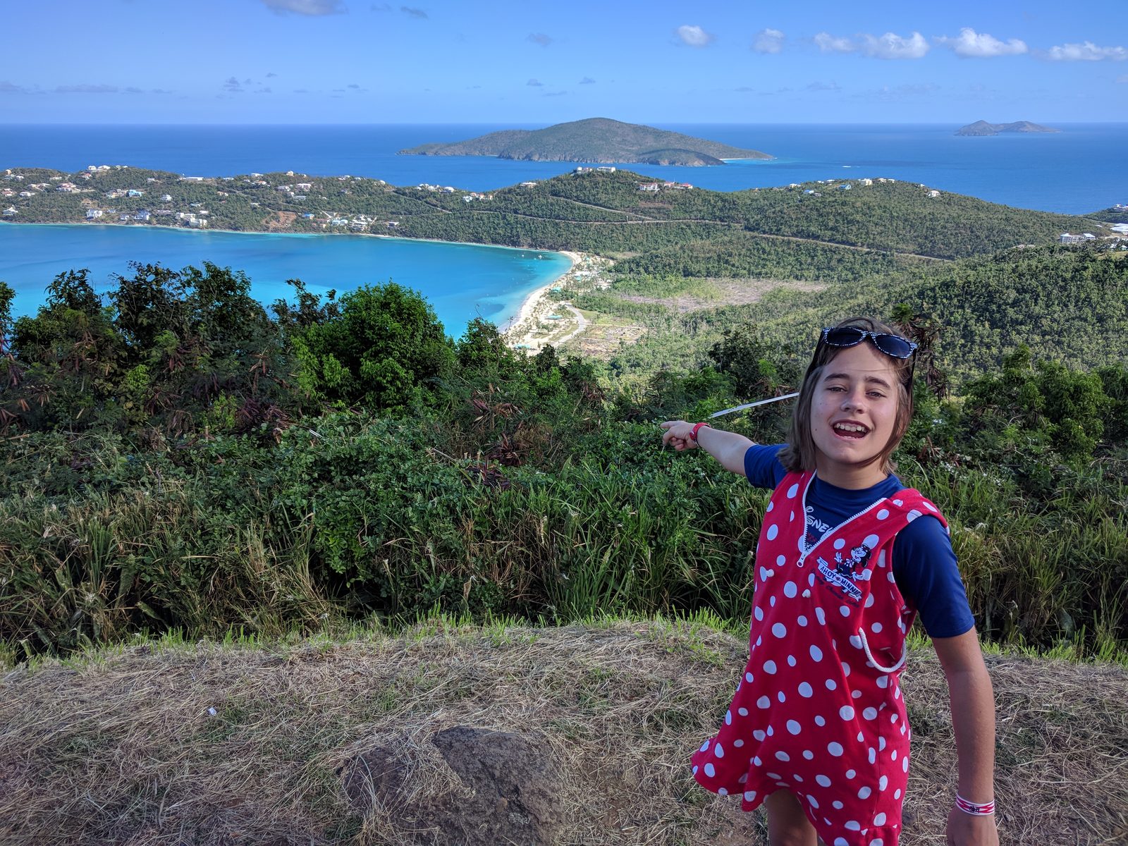 Lisa at Drake's Seat, Magens Bay below