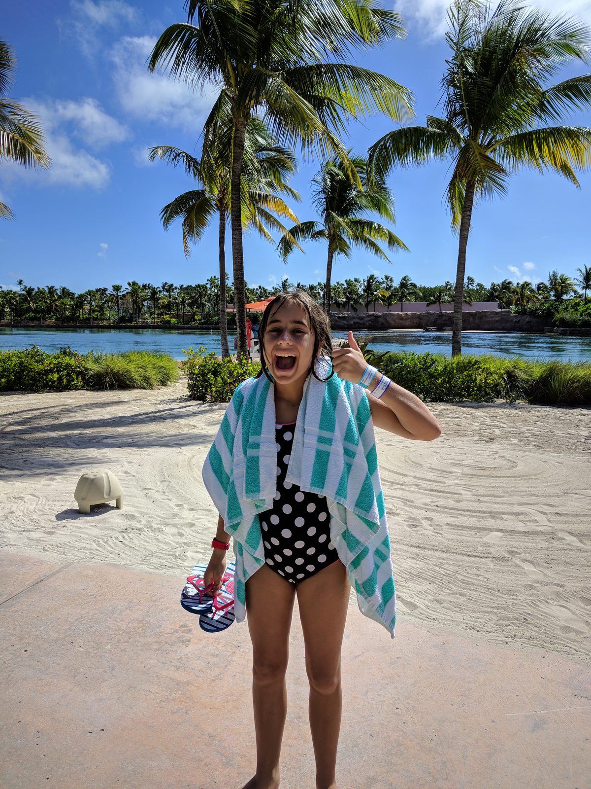 Lisa on the path by Dolphin Cay