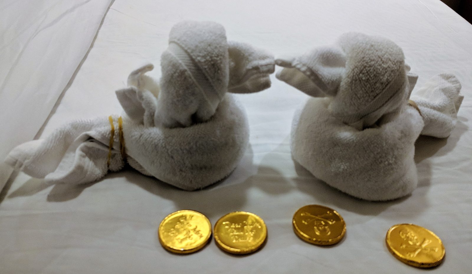 Towel swans and gold coins in our stateroom