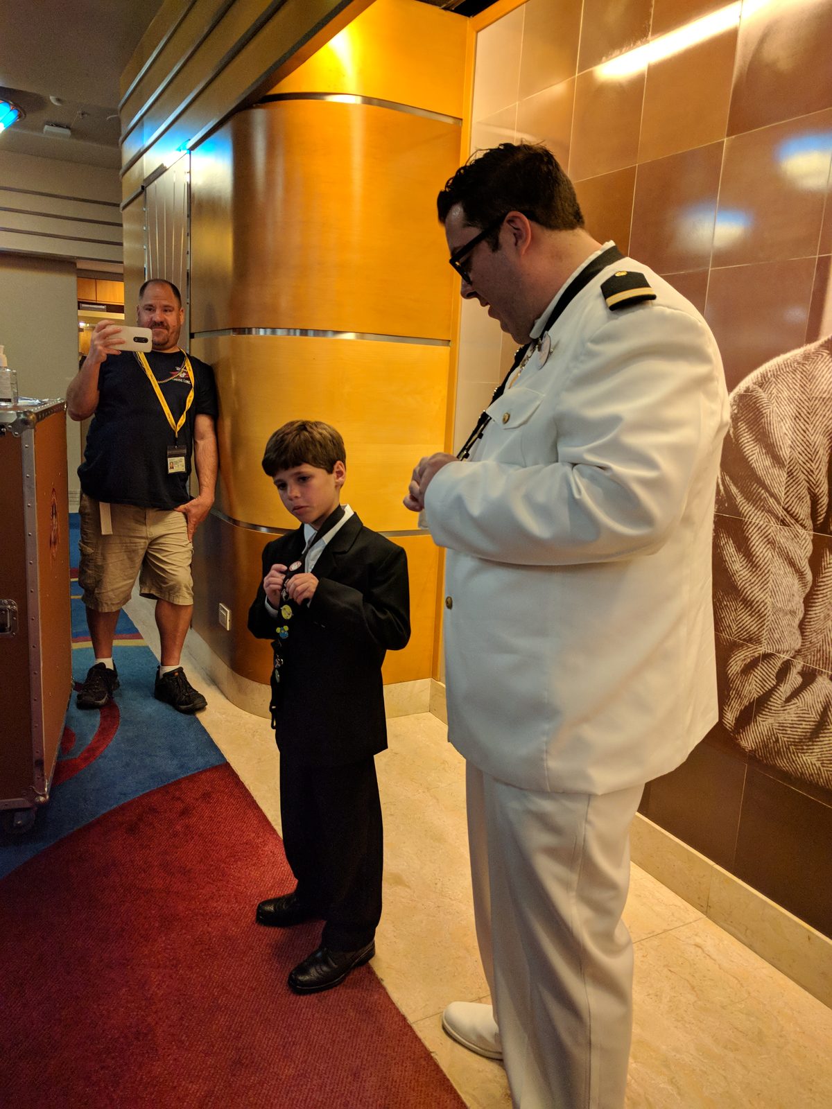 Thomas with one of the ship's officers before pin trading