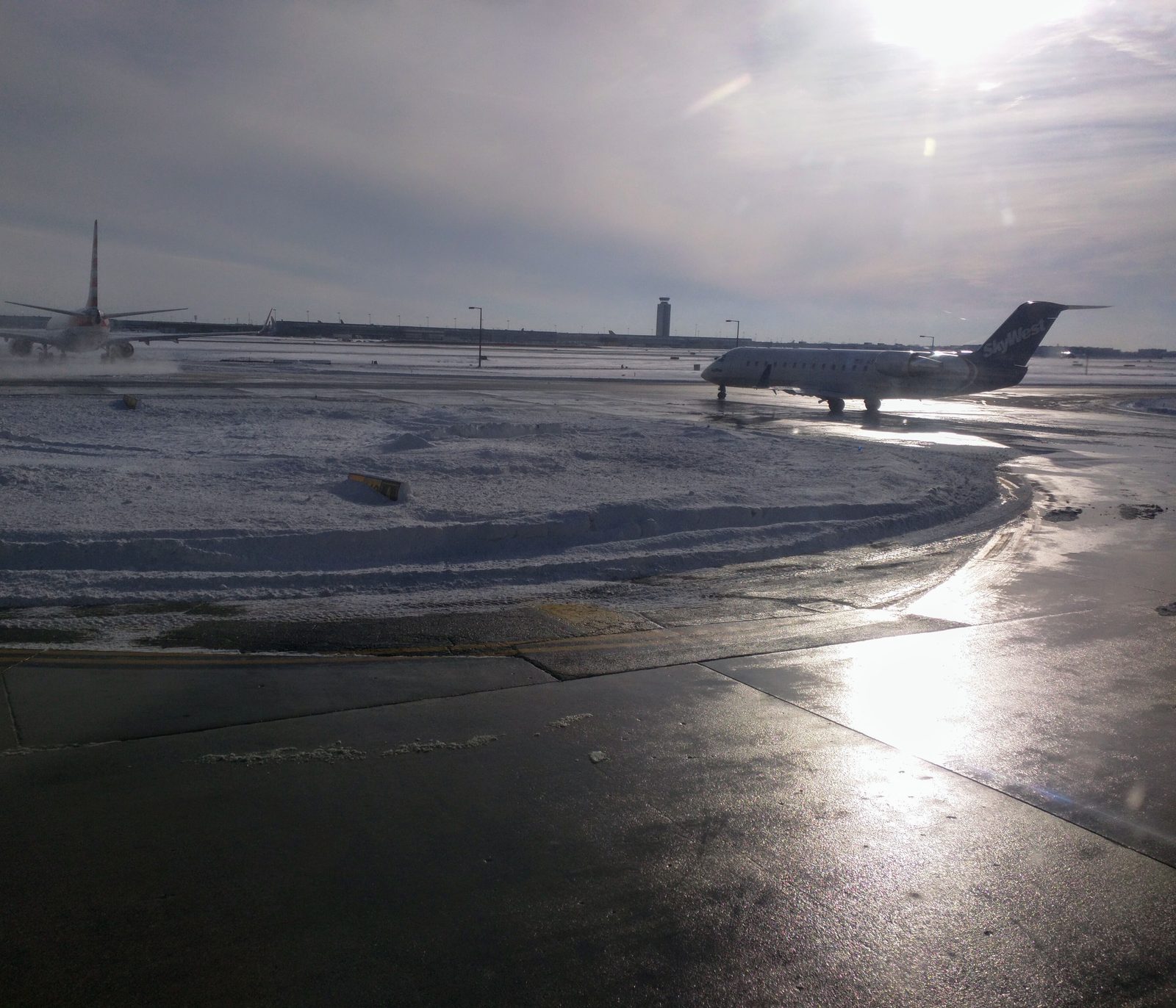 Our plane on a snowy Chicago tarmac