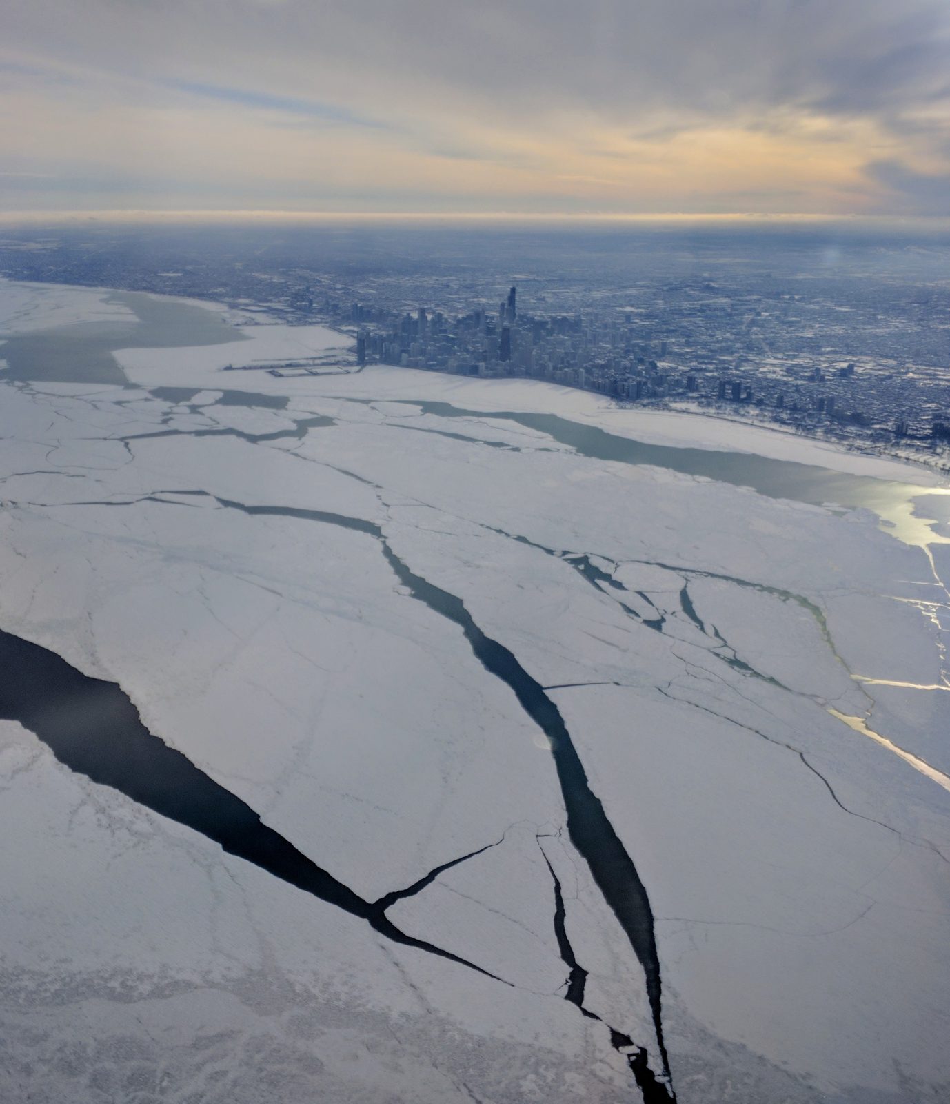 Cracked lake ice on the approach to Chicago