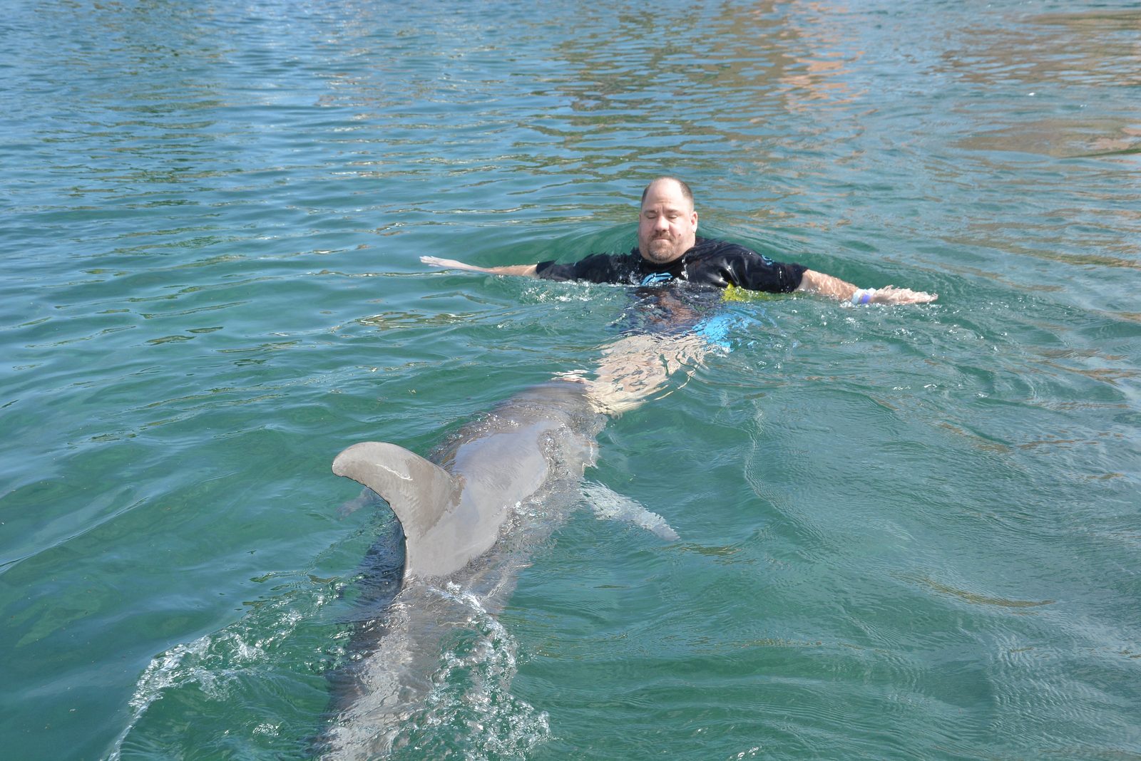 Michael gets a hug from a dolphin