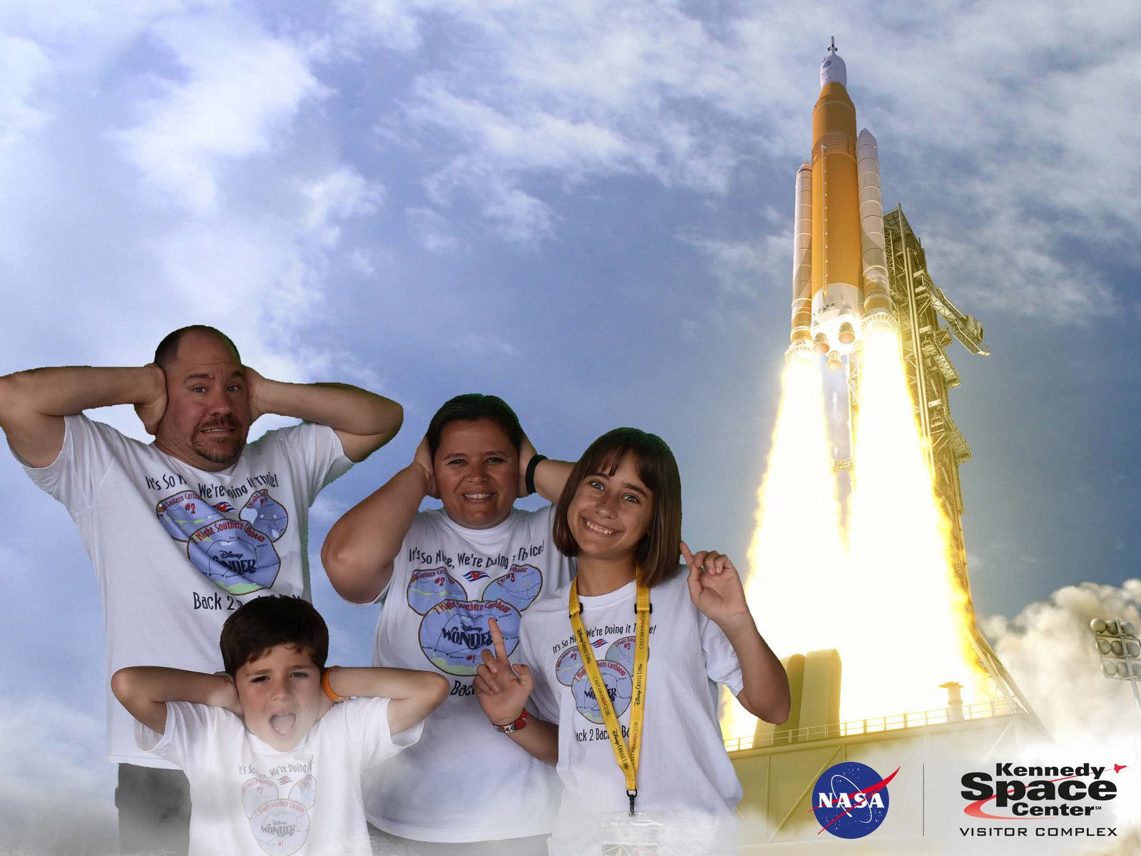 Kathy, the kids and Michael at the rocket launch, Kennedy Space Center