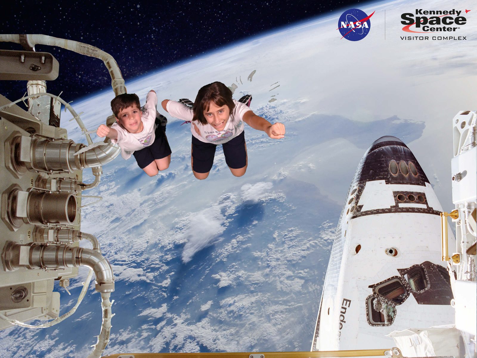 Thomas and Lisa flying past the shuttle at Kennedy Space Center