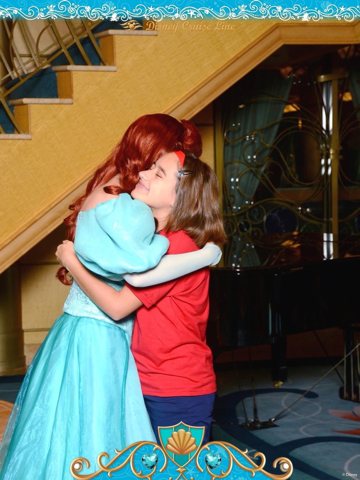 Lisa hugs Ariel in the atrium