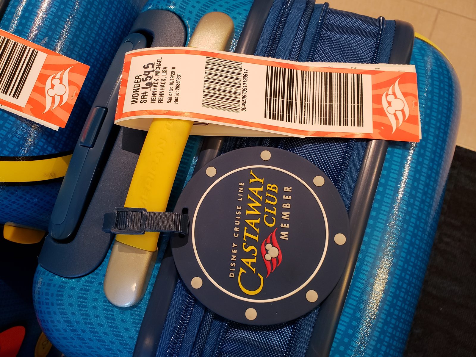 Castaway Club tags on our suitcase