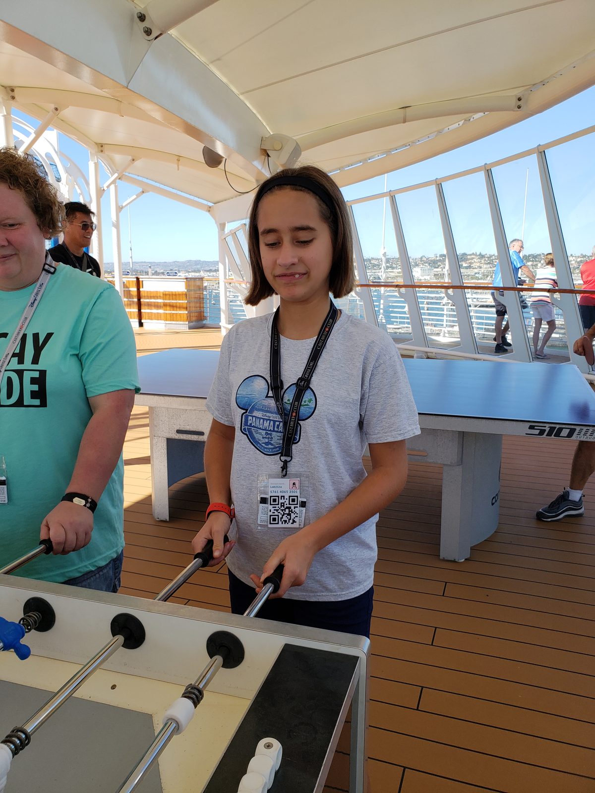 Foosball with Lisa on the pool deck