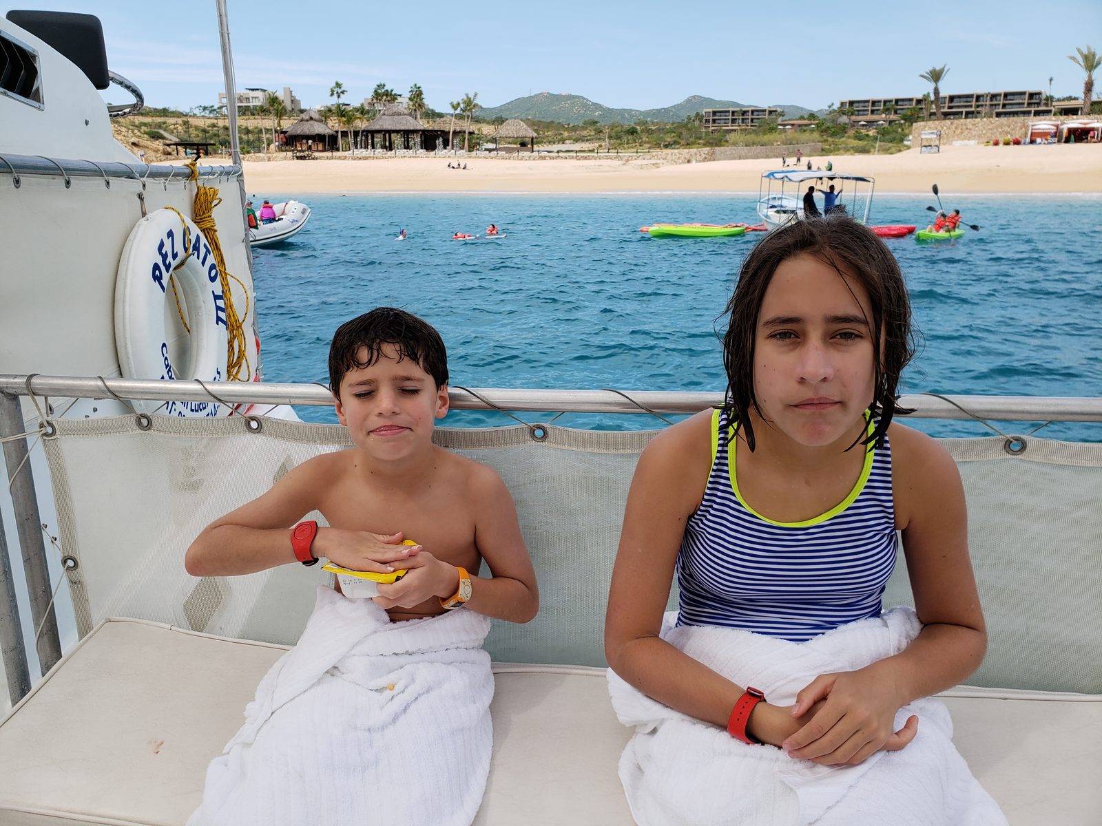 Thomas and Lisa wrapped in towels after snorkeling