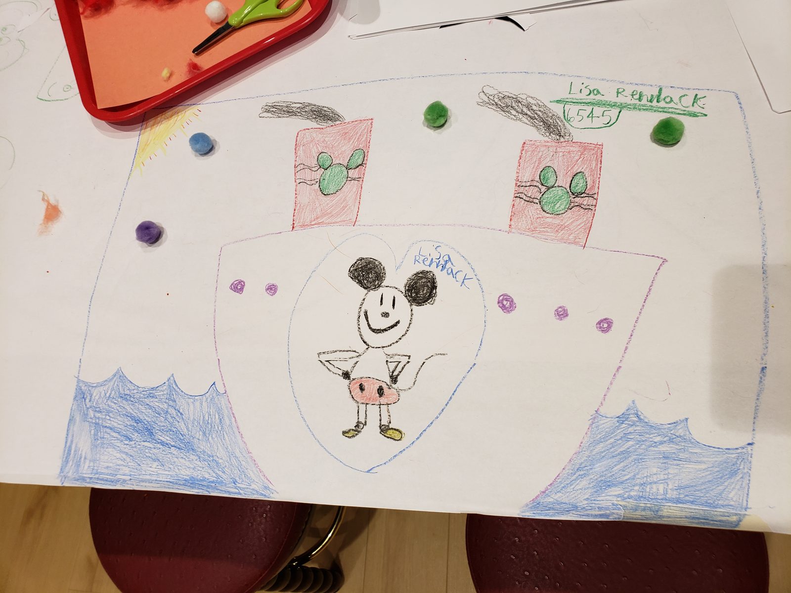 Lisa's Mickey drawing, decorated with pom-poms