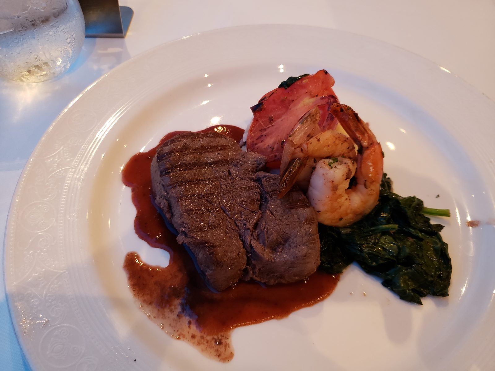 Steak and shrimp at dinner at Triton's