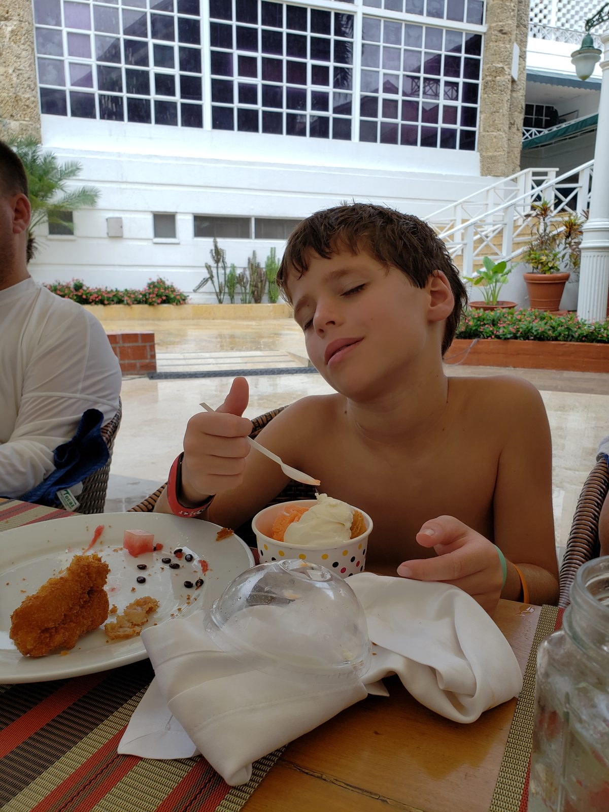 Thomas with dessert at Hotel Las Americas