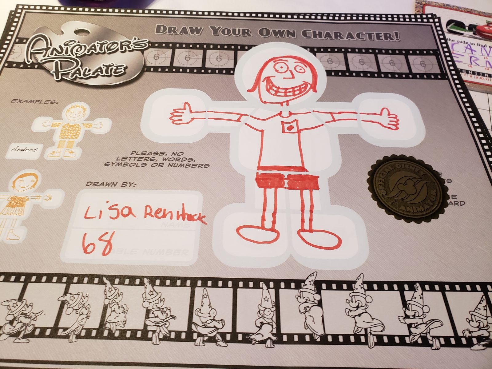 Lisa's character drawn on the placemat at Animator's Palate