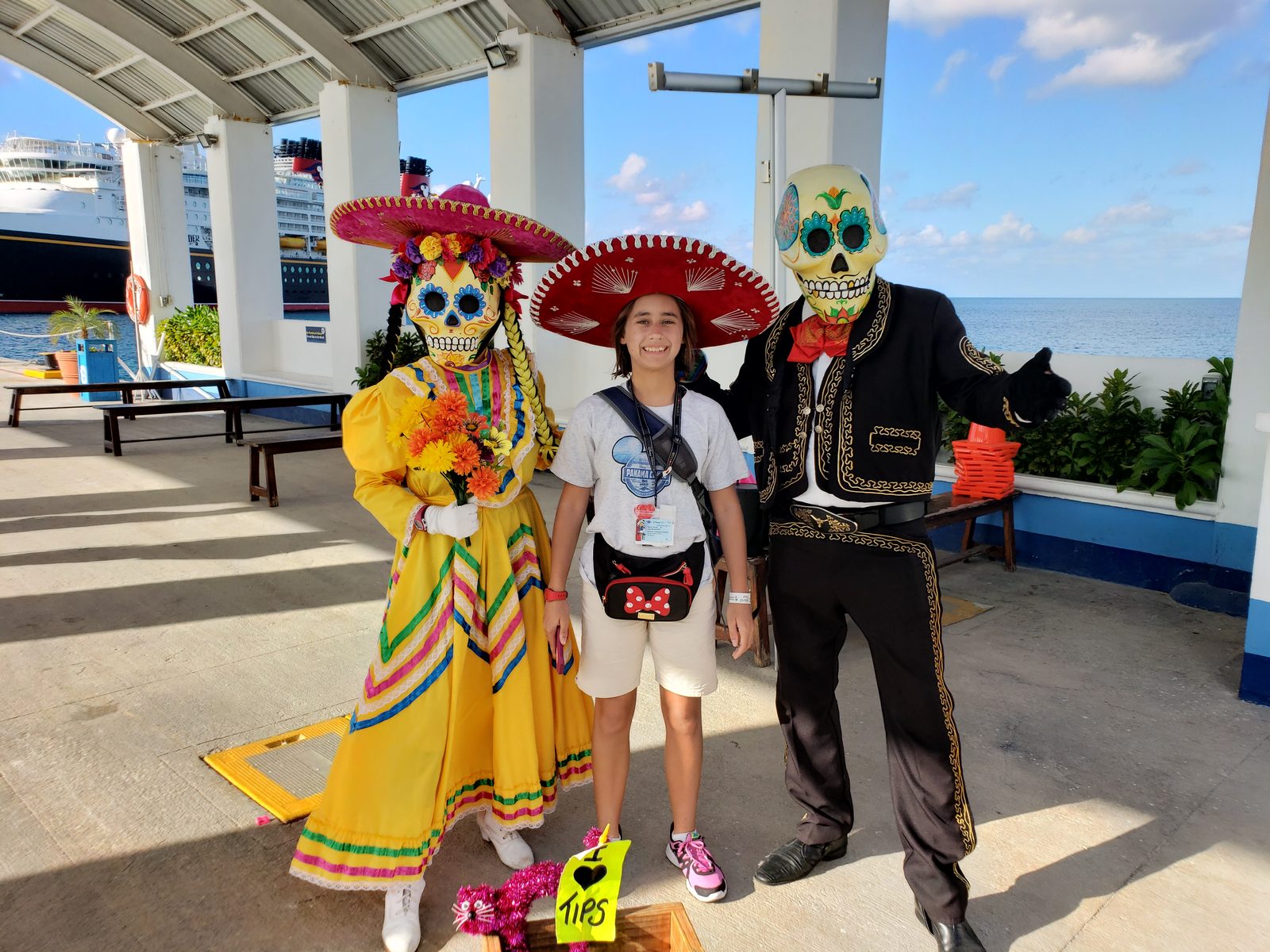 Lisa with Day of the Dead greeters at the pier