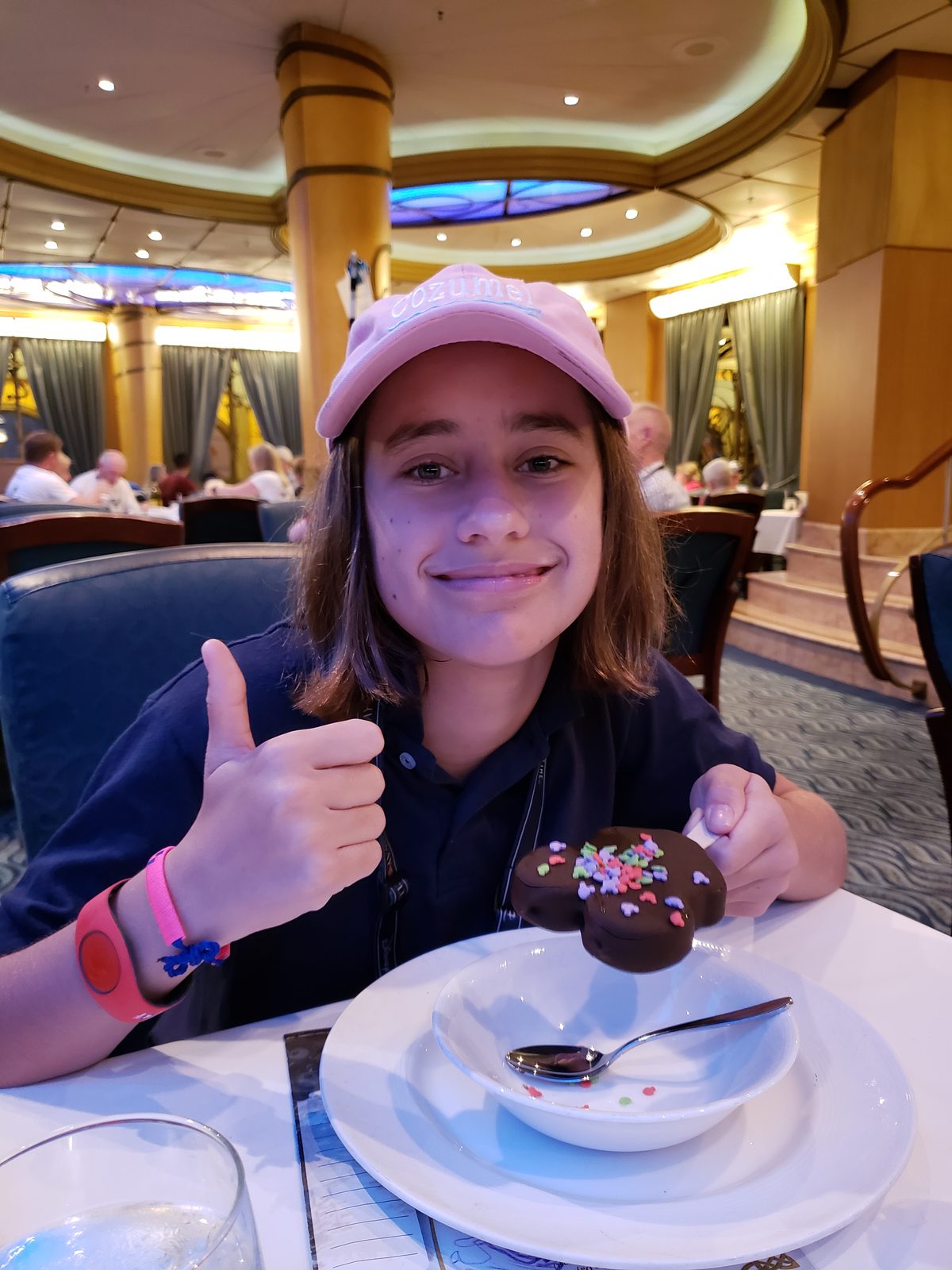 Lisa with her dessert at dinner on the Wonder