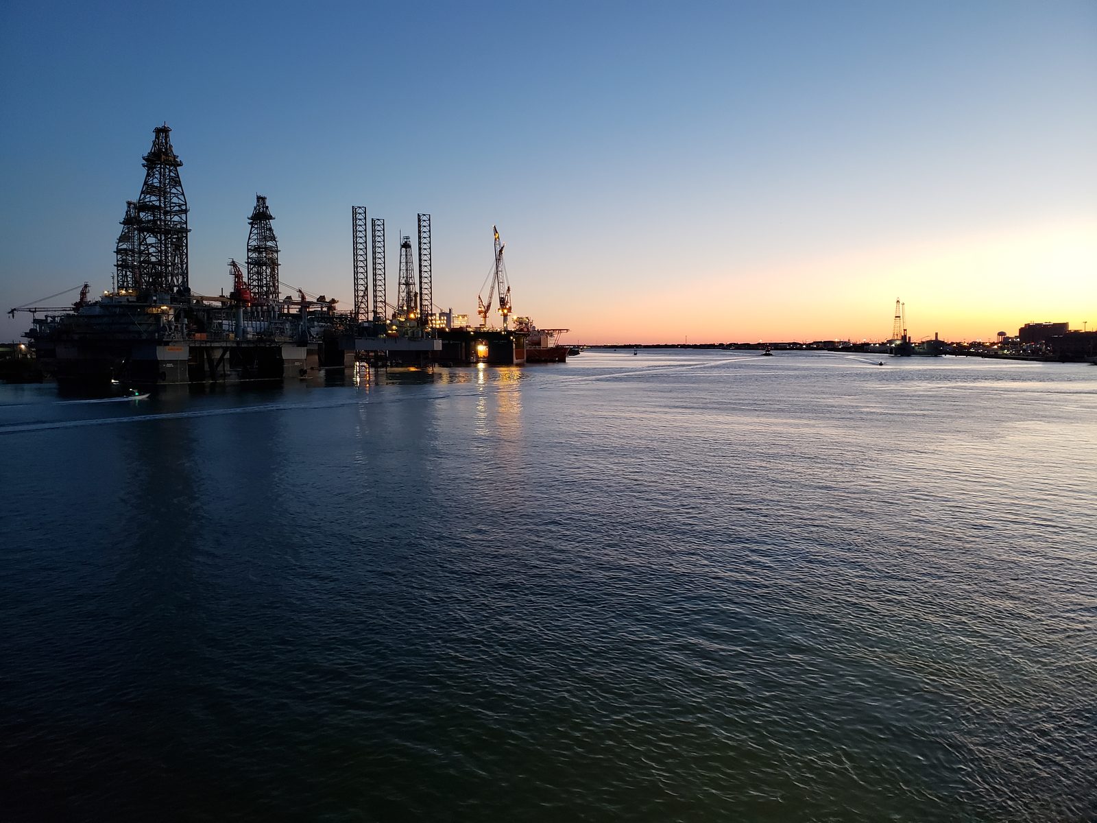 Sunrise over Galveston's harbor