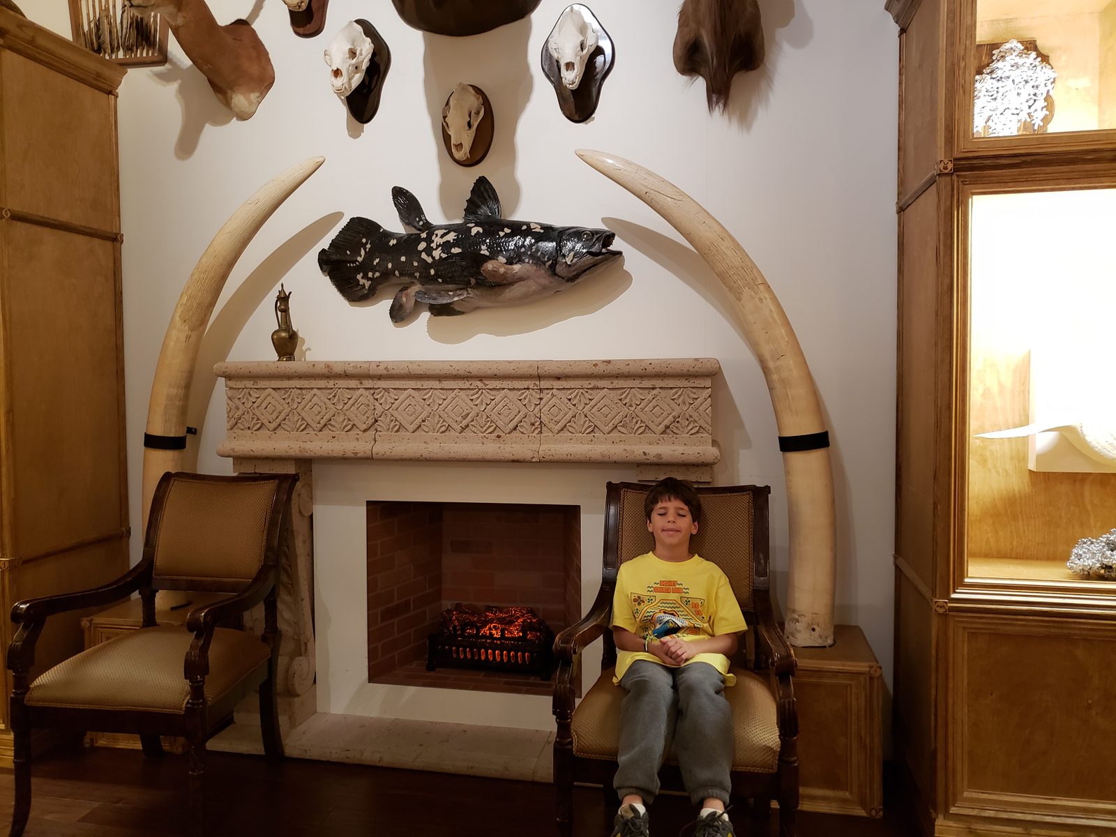 Lisa by the Cabinet of Curiosities fireplace