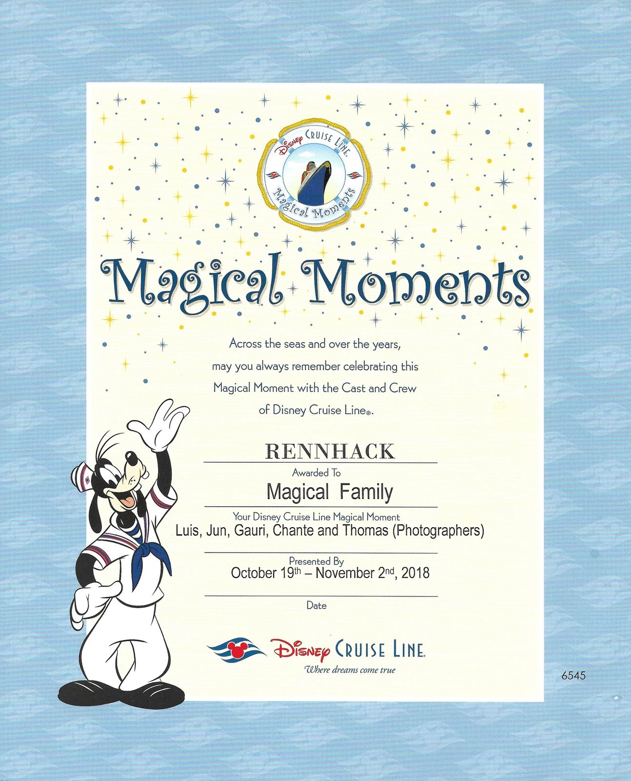 The photographers' Magical Moments certificate
