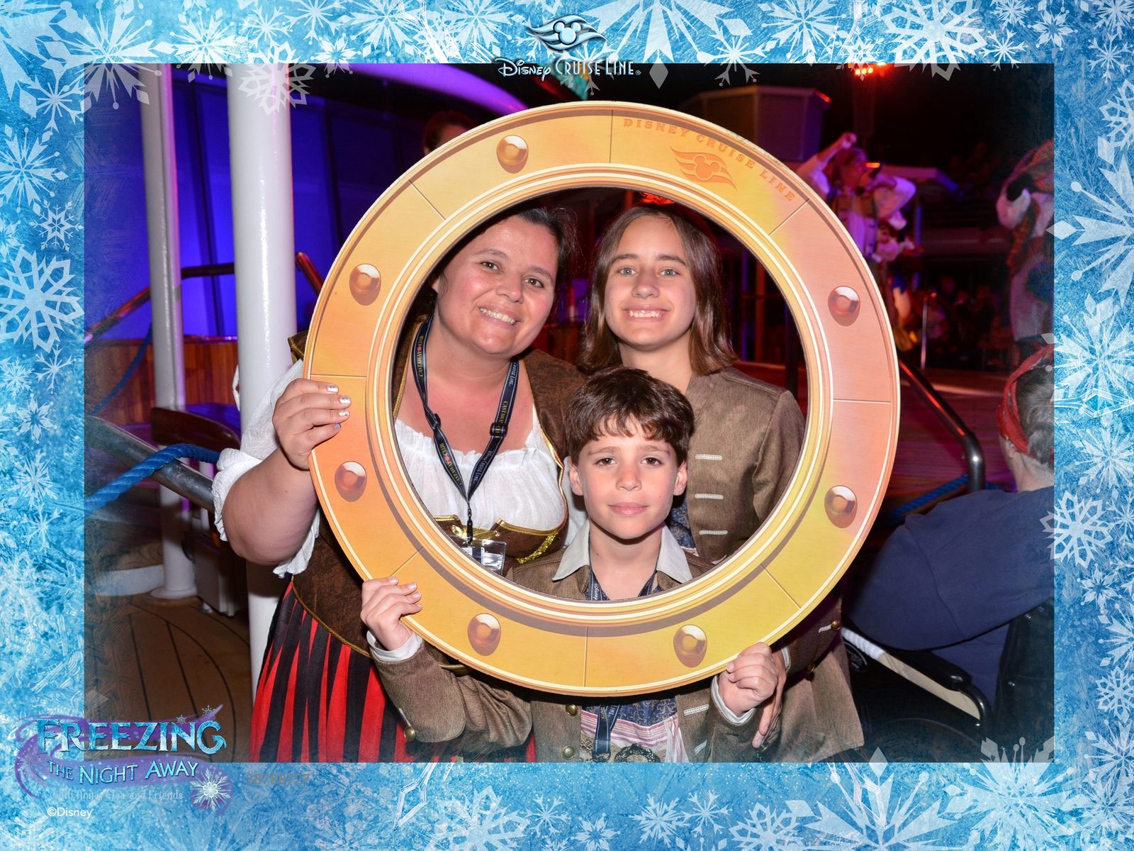 At the deck party in a porthole frame