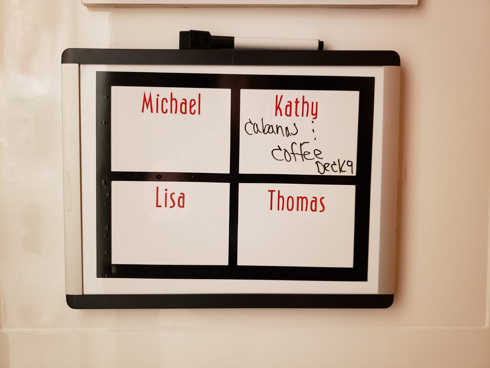 Kathy's whiteboard, tracking where everyone's headed