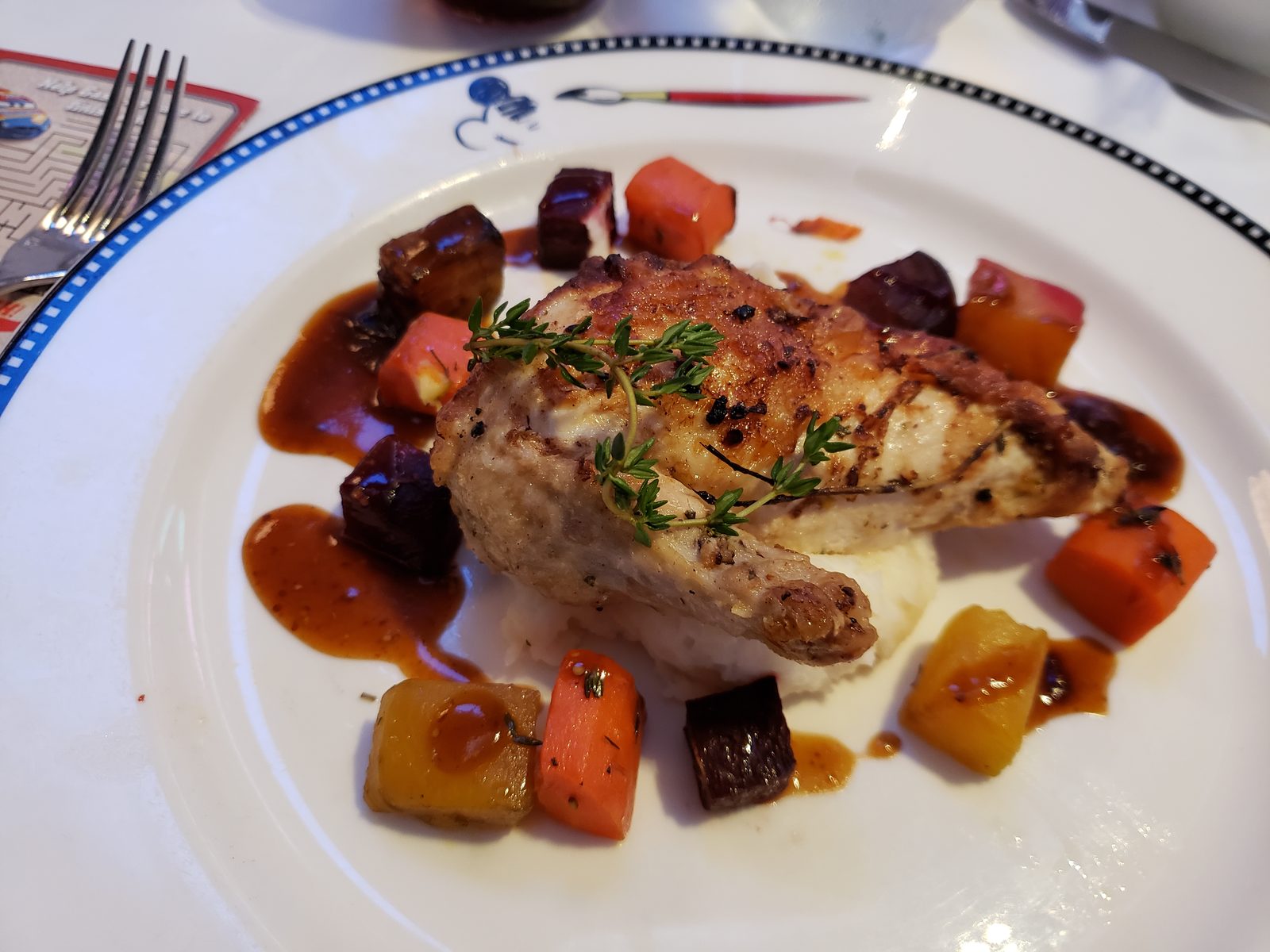 Chicken and roasted vegetables at Animator's Palate