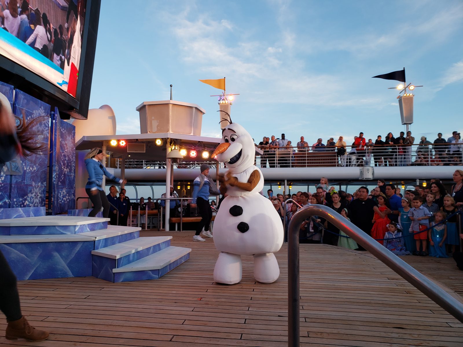 Olaf dancing at the Frozen deck party