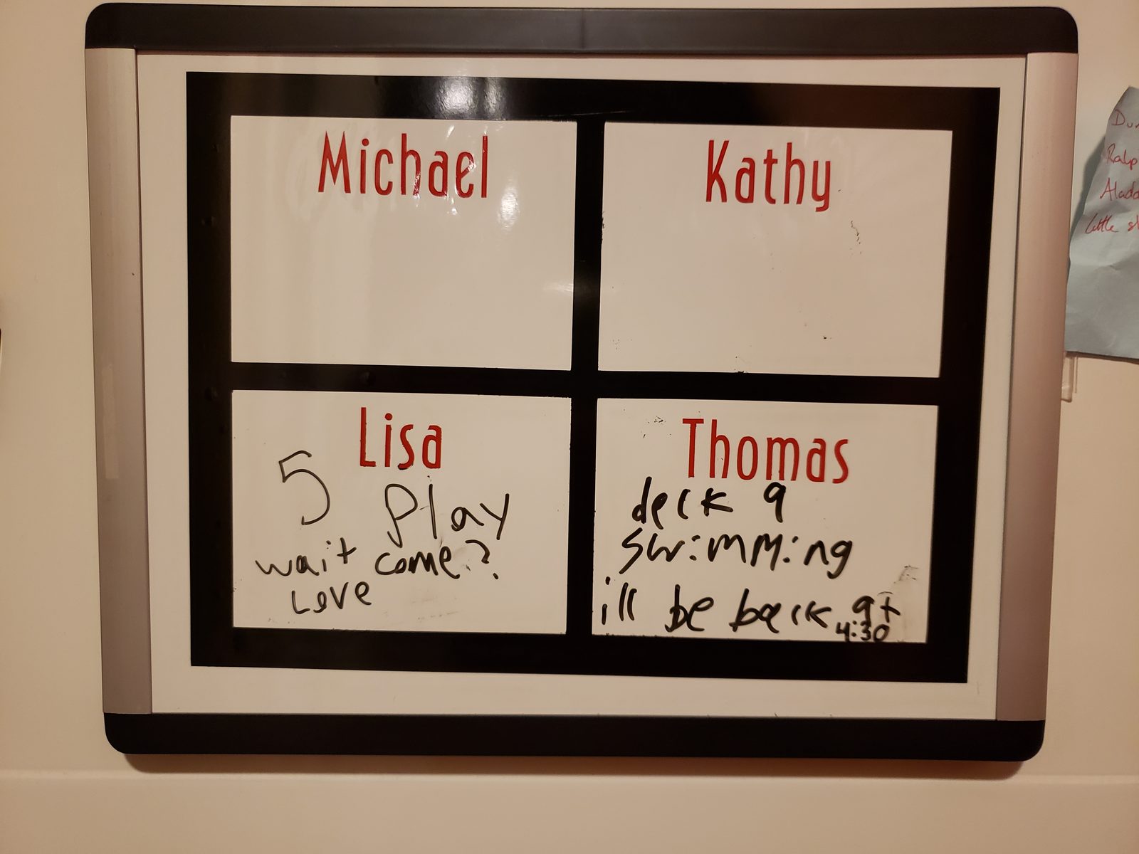 Thomas's whiteboard note: pool, back by 4:30