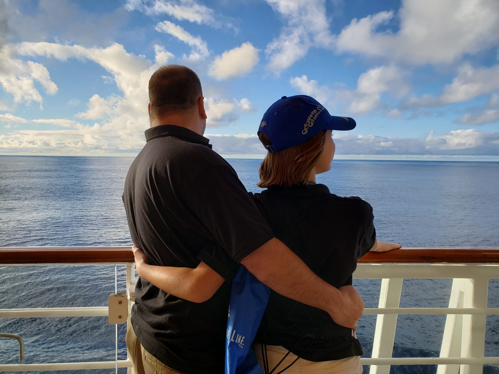 Lisa and me at the rail, day at sea