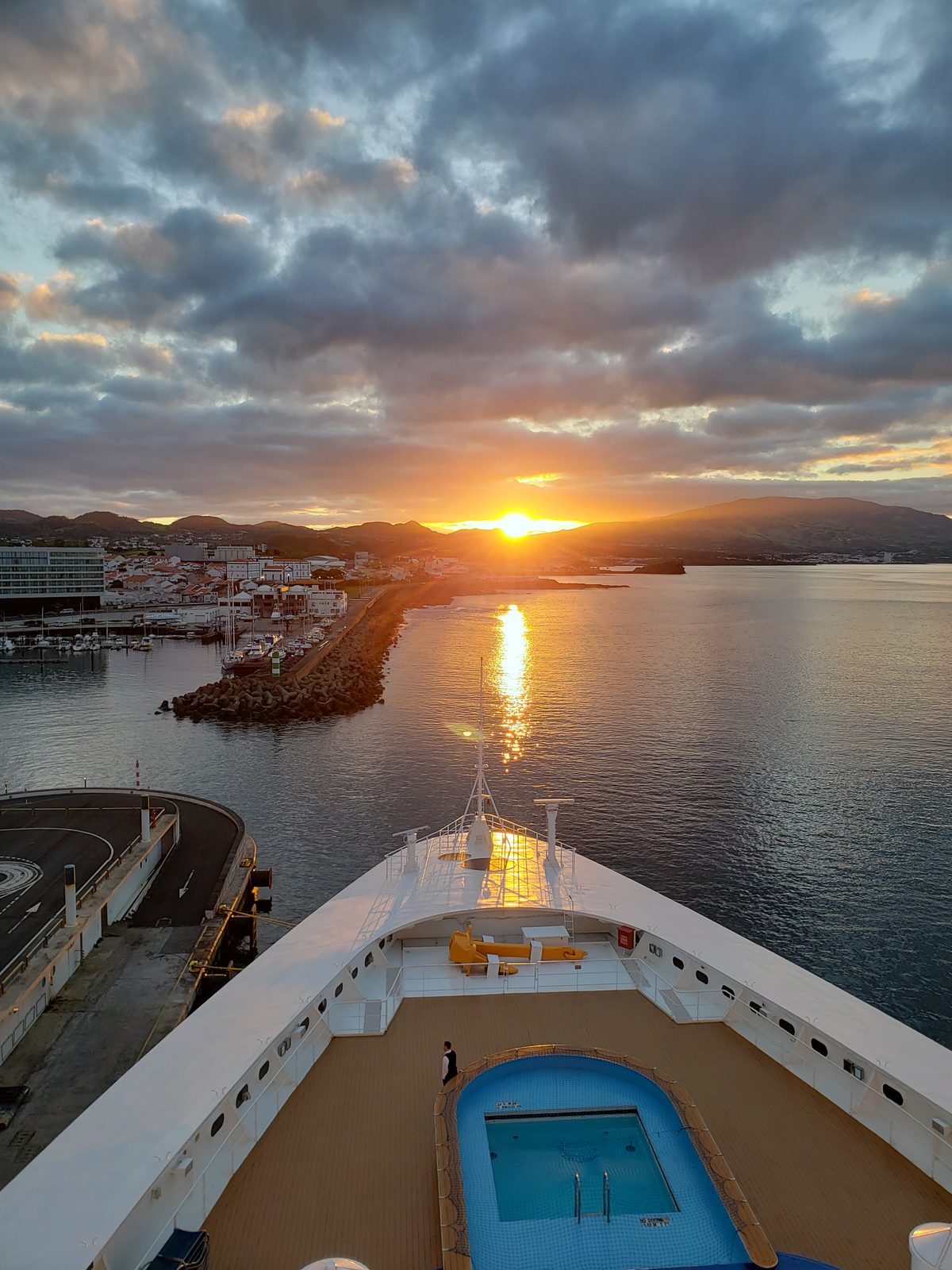 Sailing into Ponta Delgada at sunrise