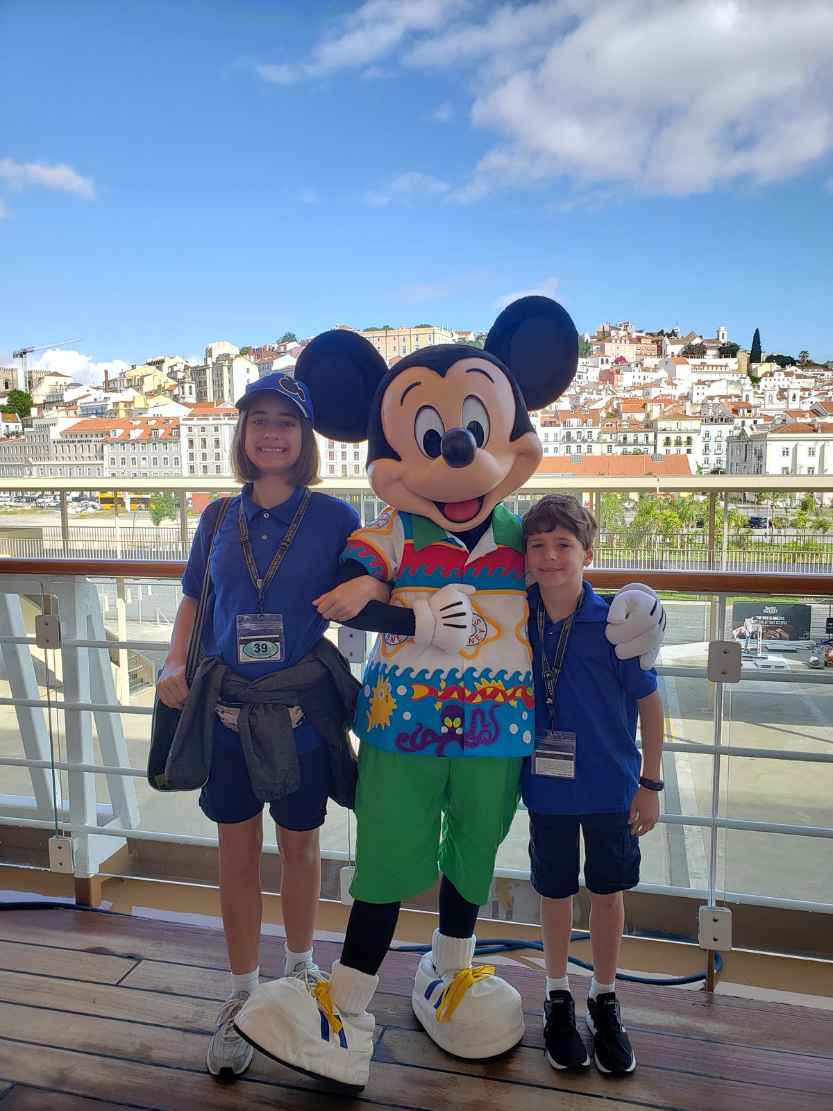 Lisa, Mickey in his tropical aloha shirt & Thomas on deck in Lisbon