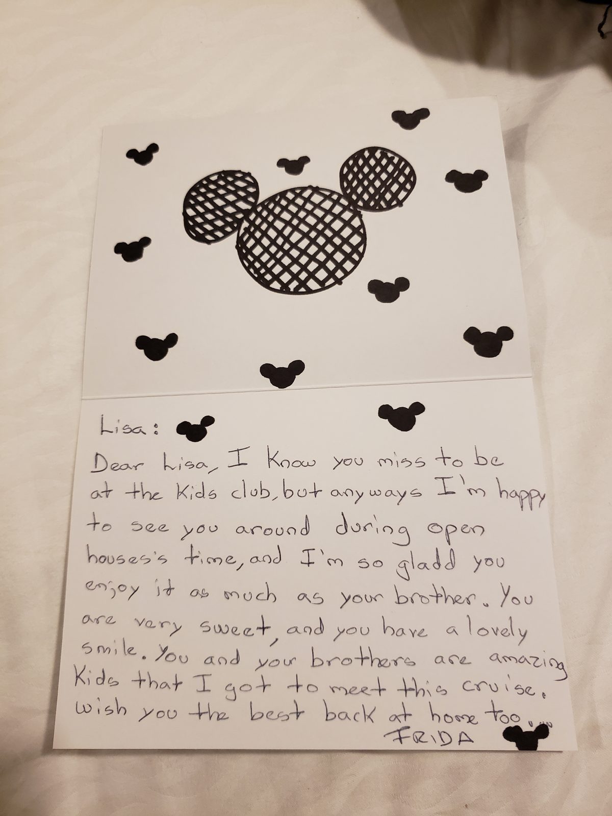 Frida's note to Lisa from the youth club