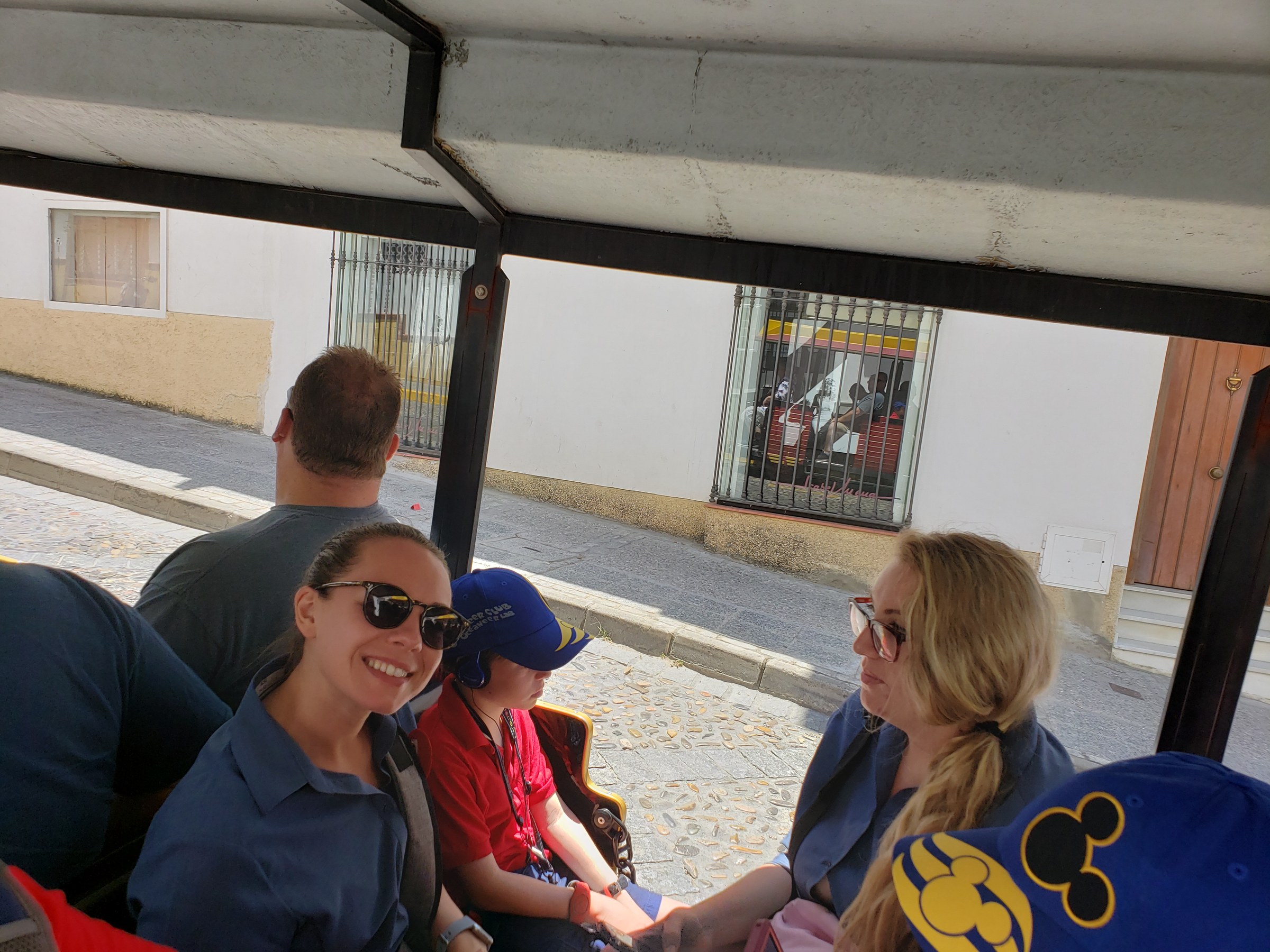 Stephanie, one of our ASL interpreters, riding along on our tour in Spain