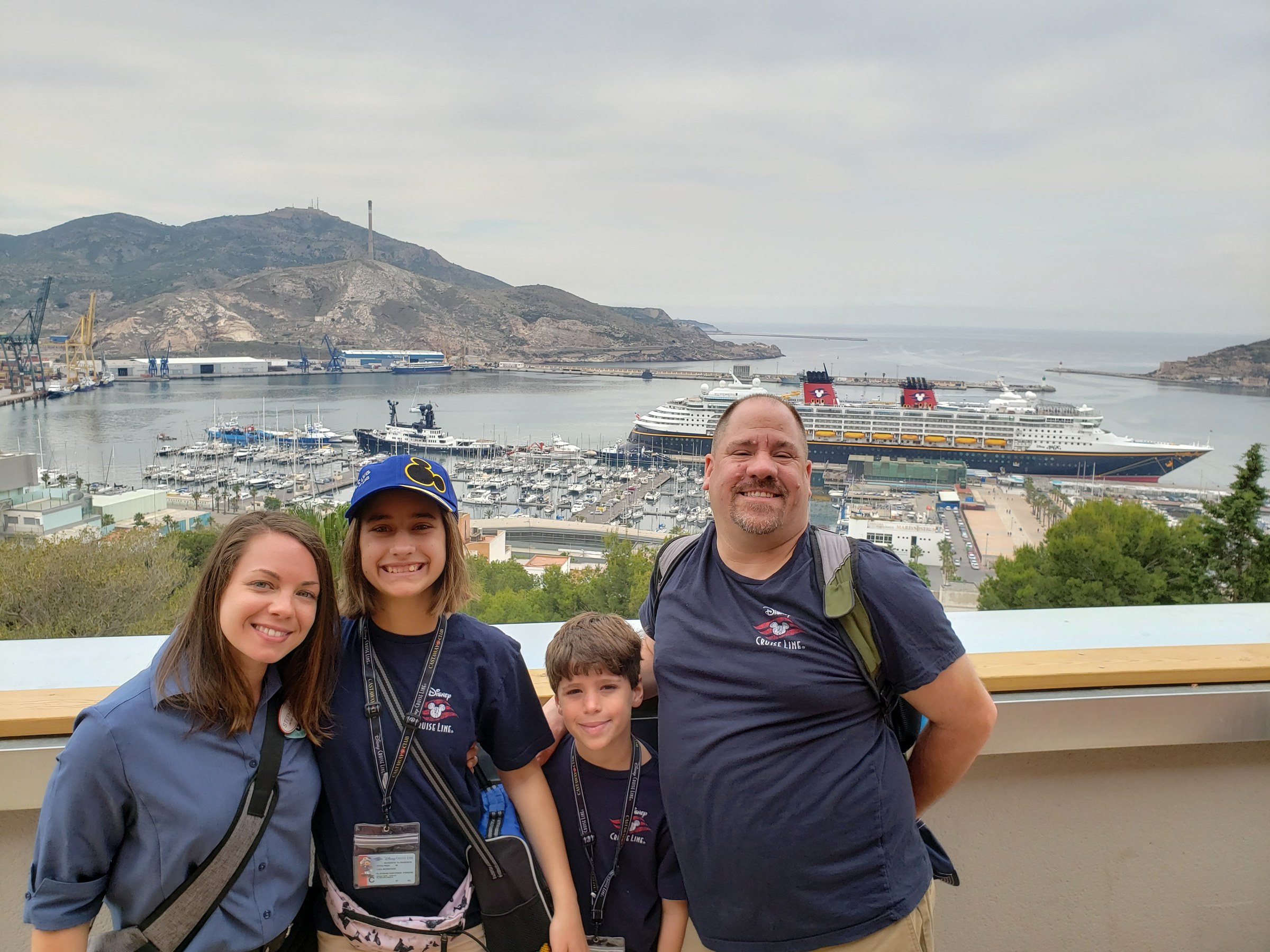 Stephanie, Lisa, Thomas and Michael above the harbor in Cartagena, the Magic docked below