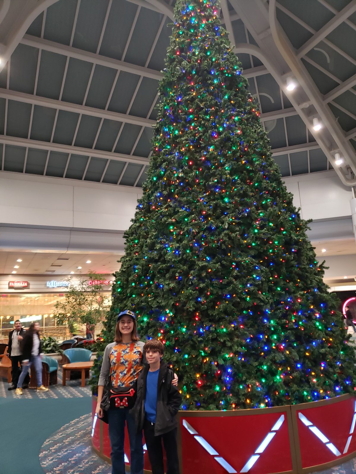 Lisa and Thomas by the Christmas tree at the airport