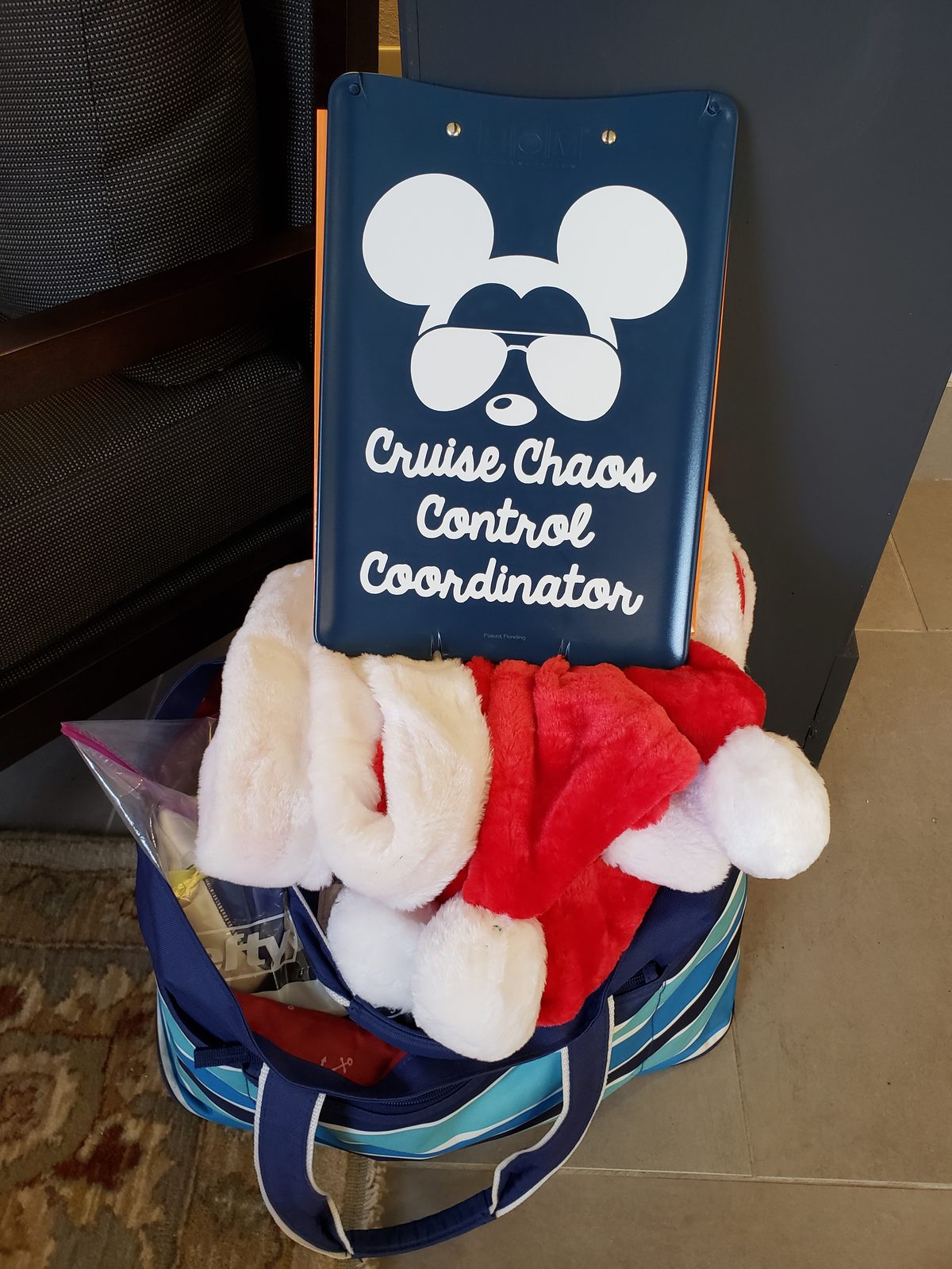Kathy's Cruise Chaos Control clipboard and our Santa hats