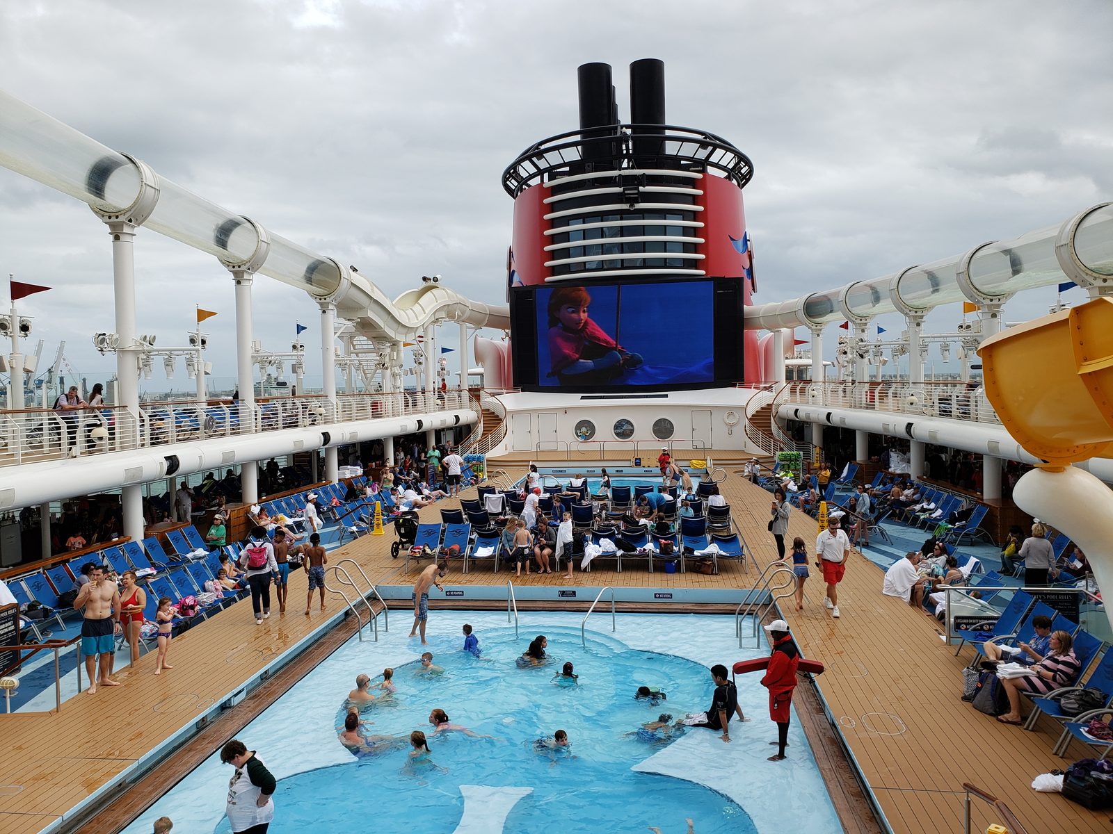 The pool deck and funnel on the Disney Dream