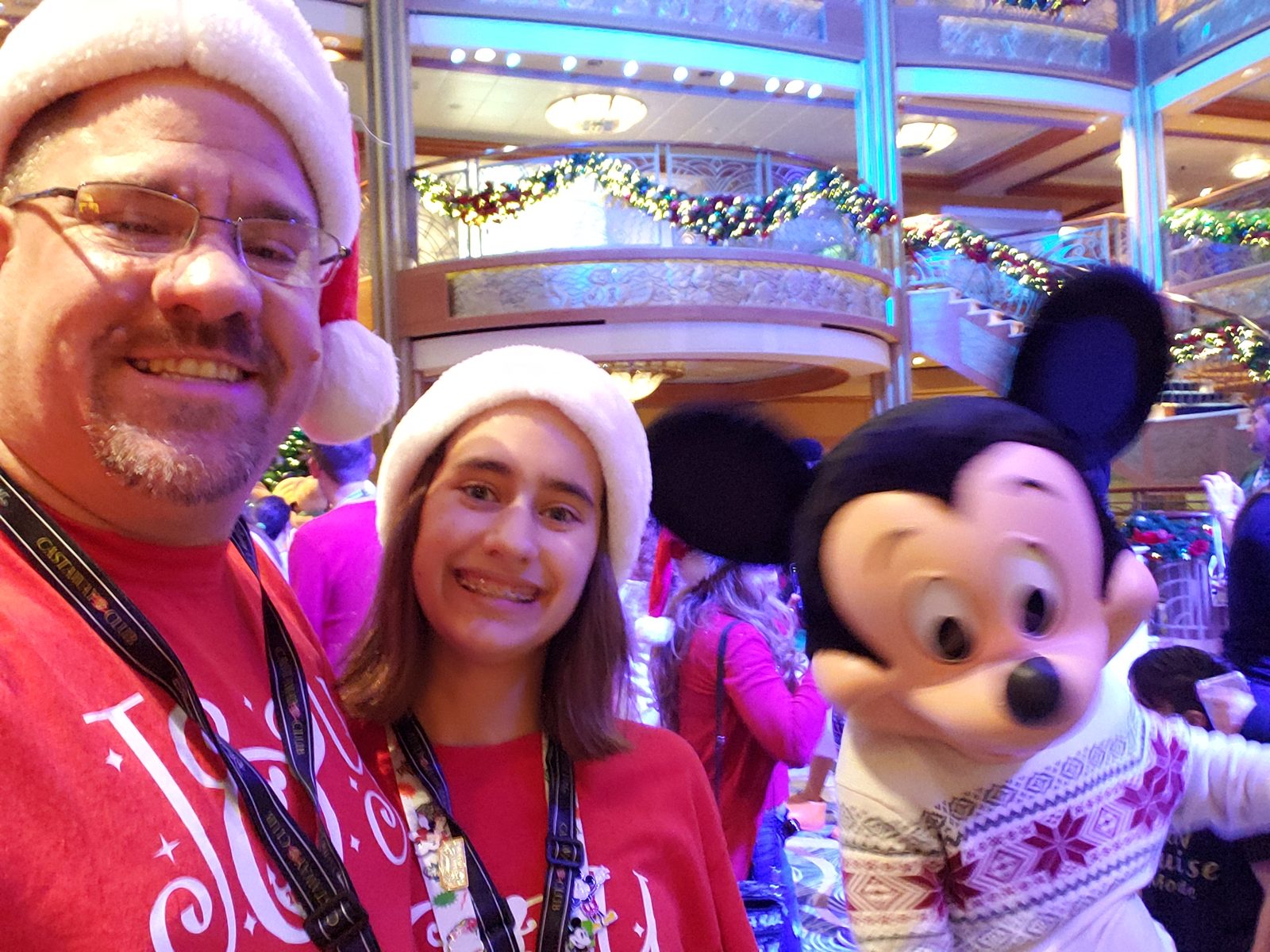 Me, Lisa & Mickey in his Christmas sweater in the Lobby Atrium